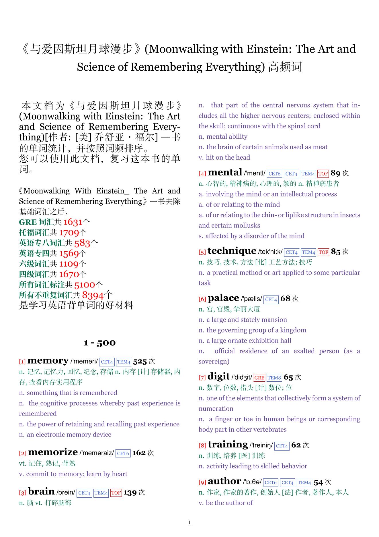 Moonwalking with Einstein: The Art and Science of Remembering Everything词频统计