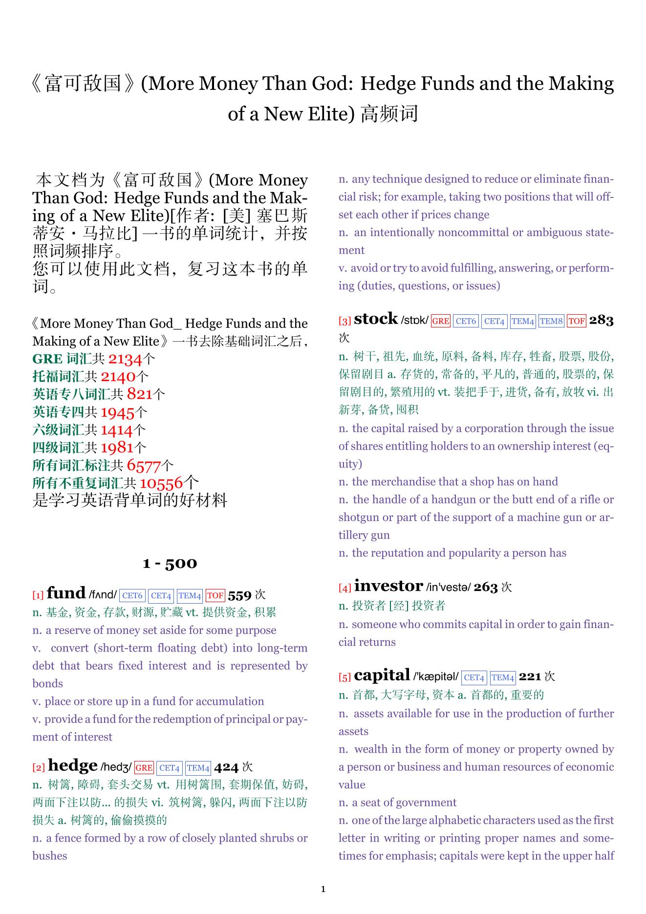 More Money Than God: Hedge Funds and the Making of a New Elite词频统计