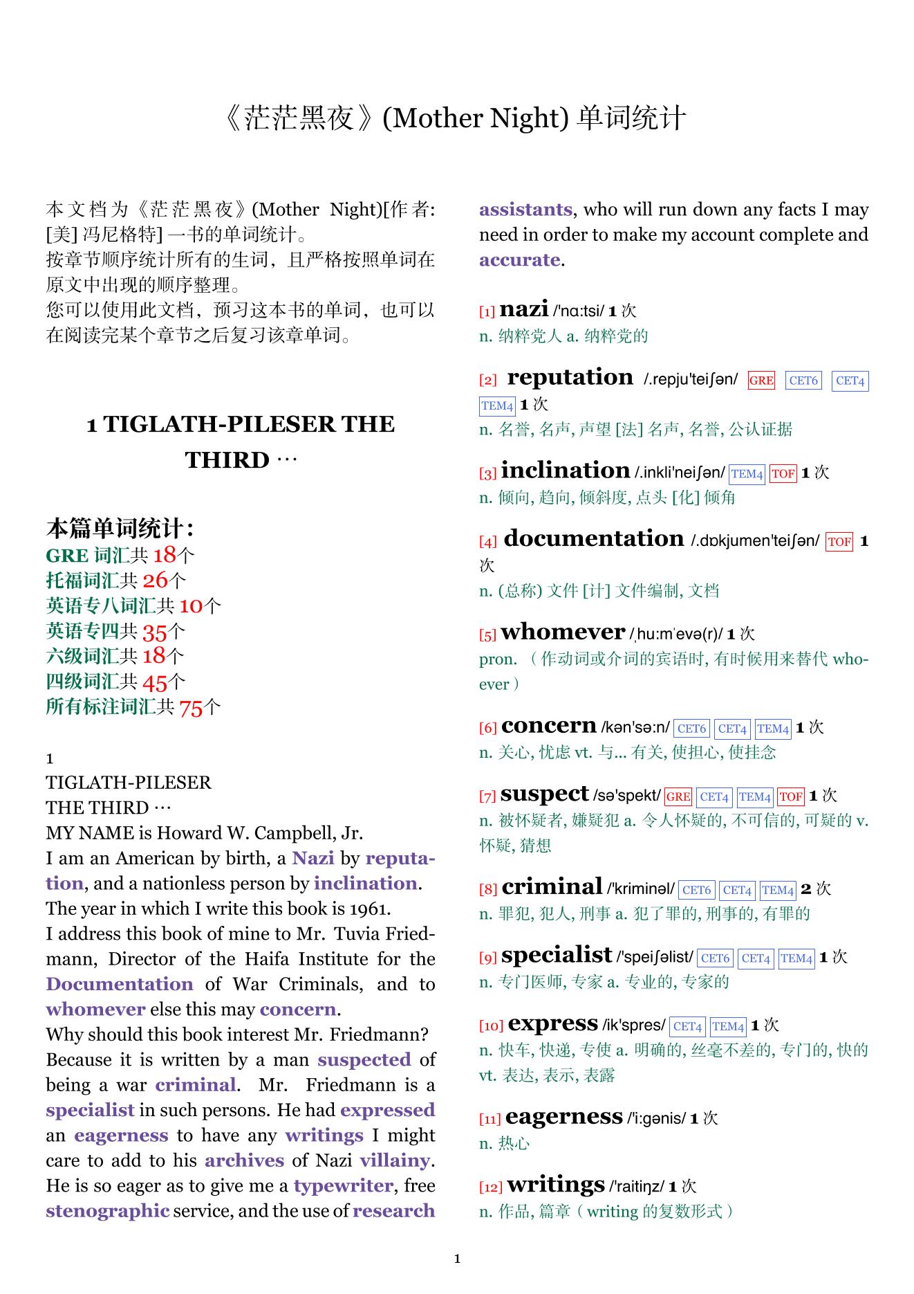 Mother Night章节单词统计