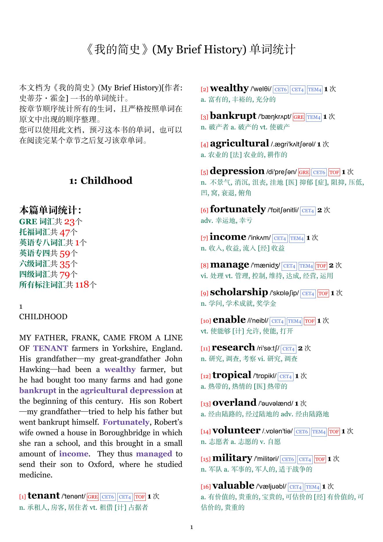 My Brief History章节单词统计
