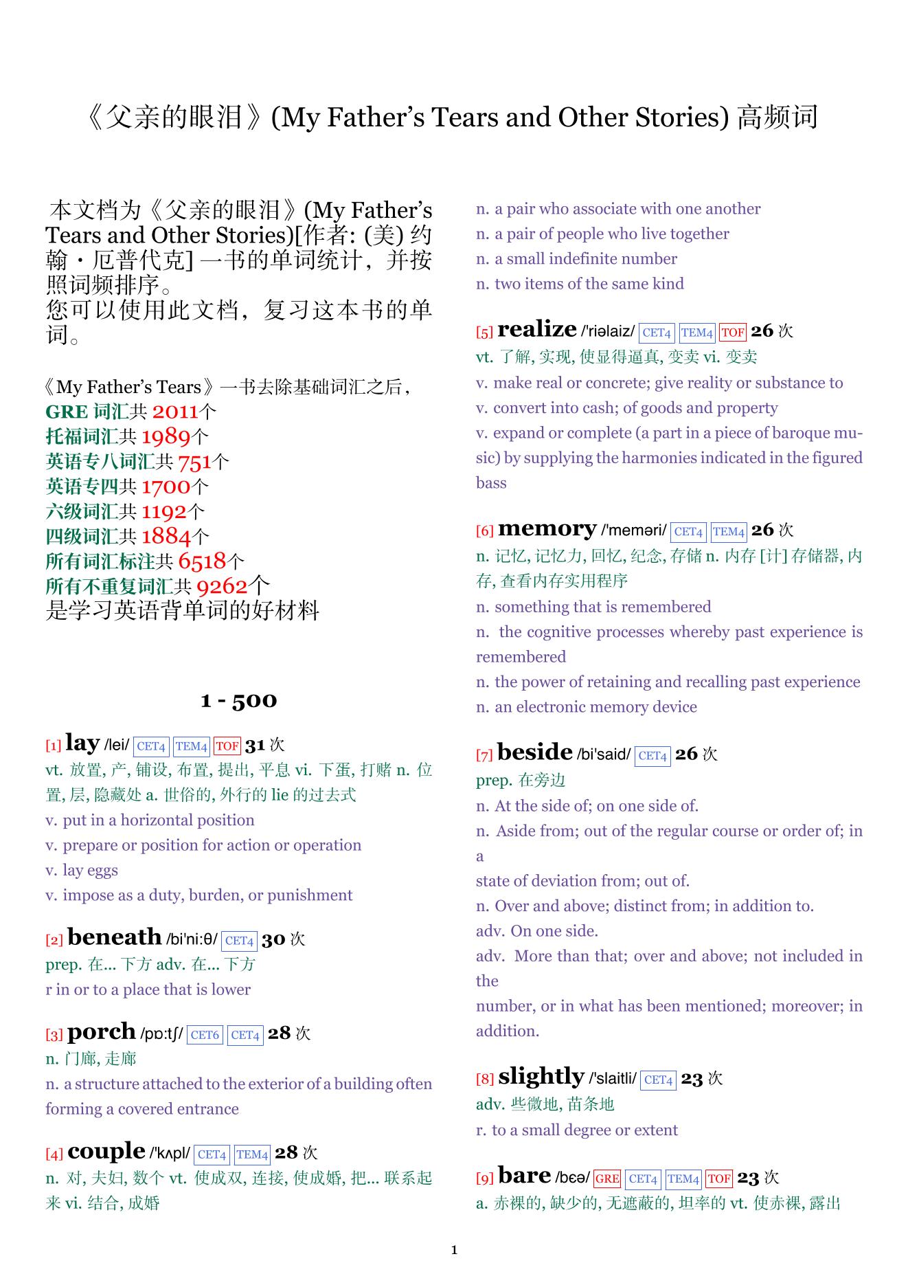 My Father's Tears and Other Stories词频统计