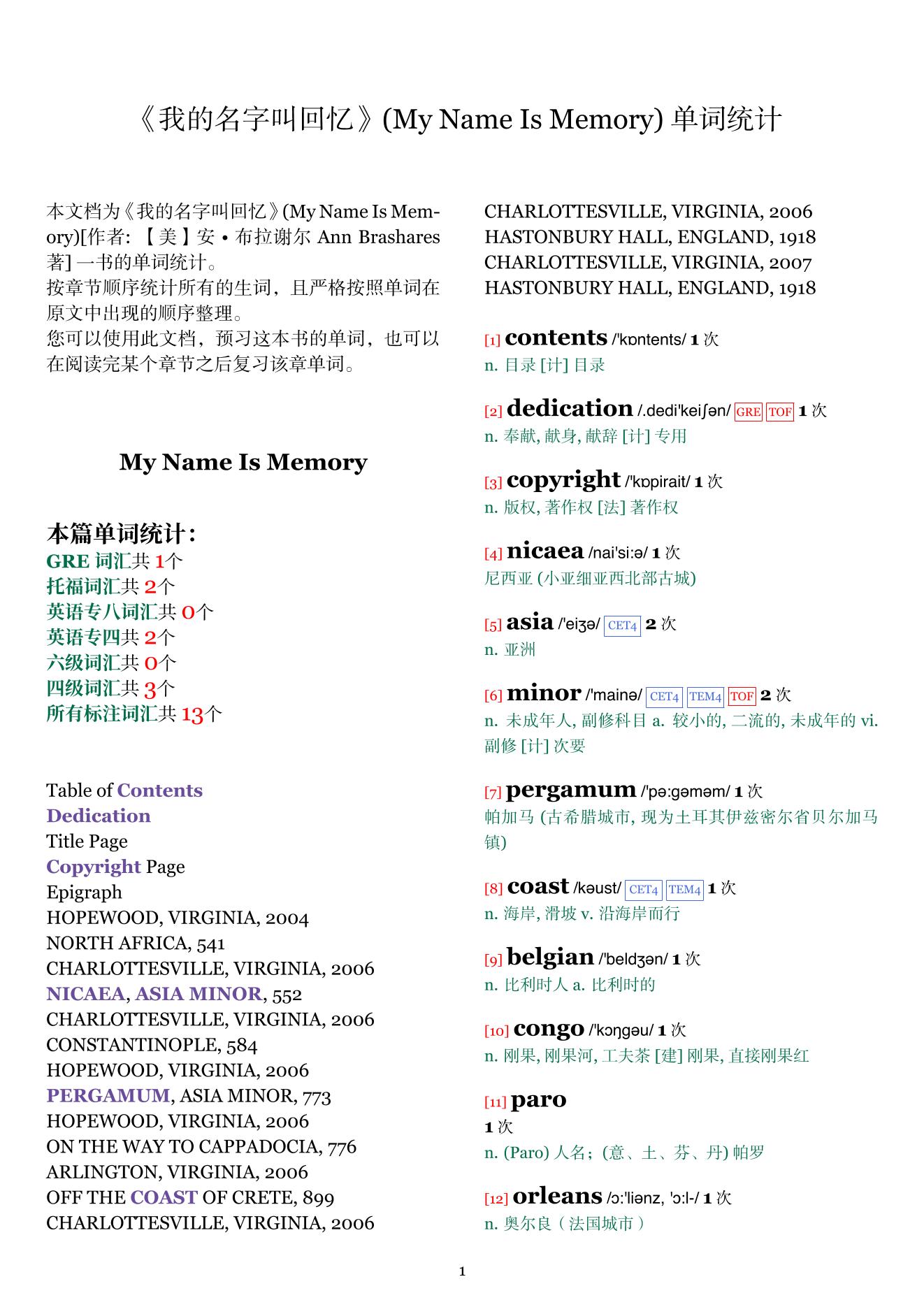 My Name Is Memory章节单词统计