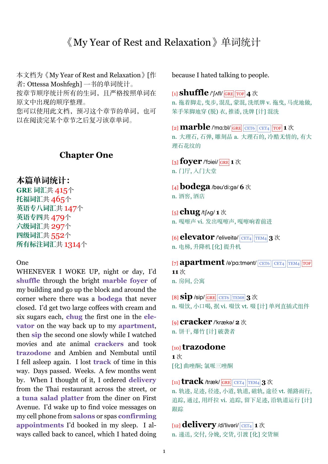 My Year of Rest and Relaxation章节单词统计