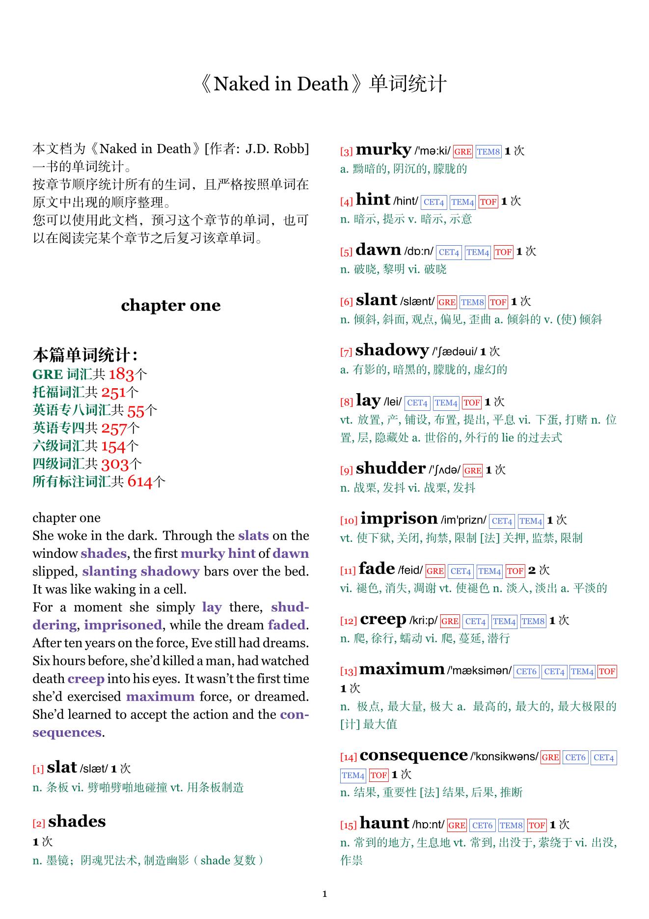 Naked in Death章节单词统计
