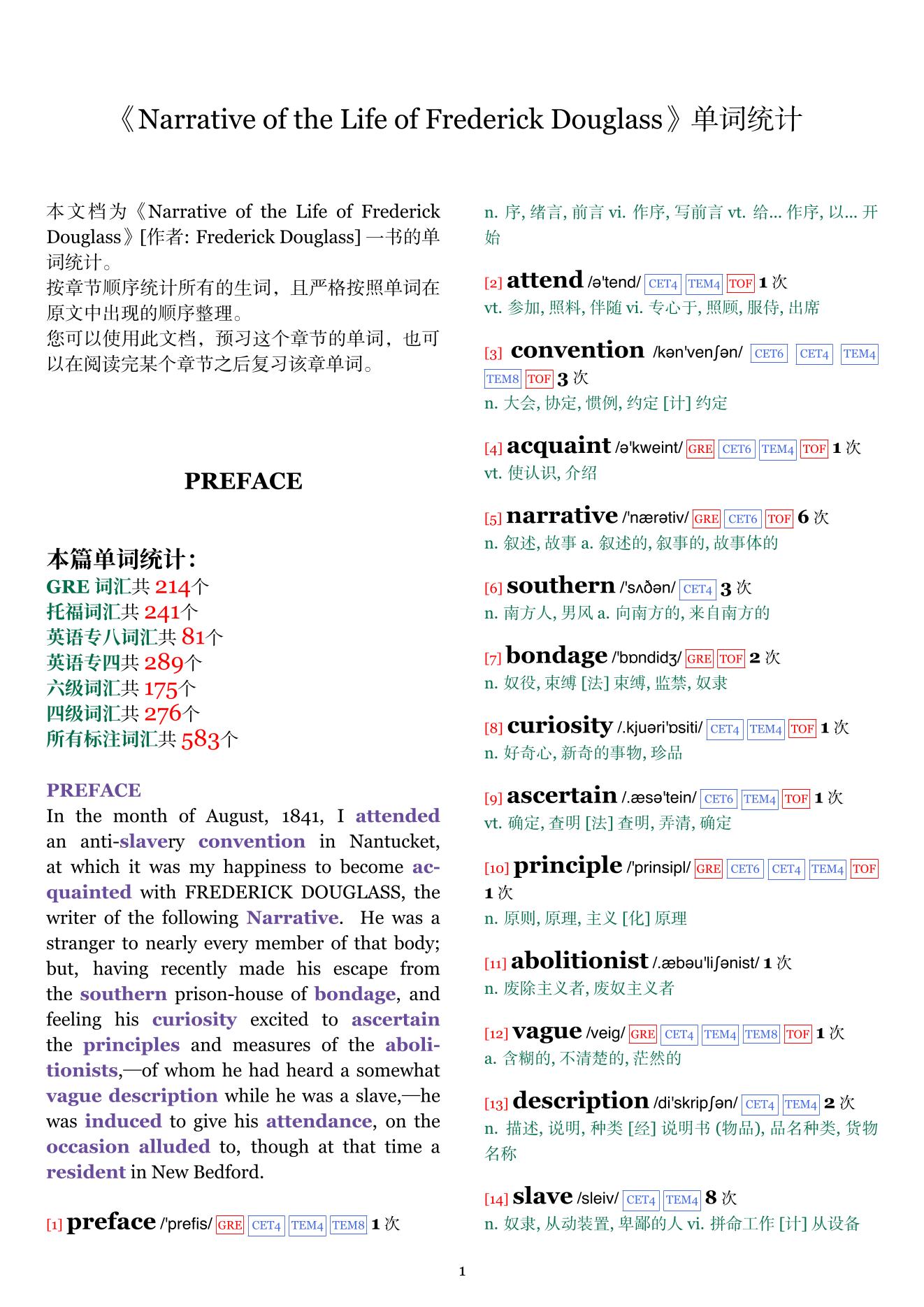 Narrative of the Life of Frederick Douglass章节单词统计