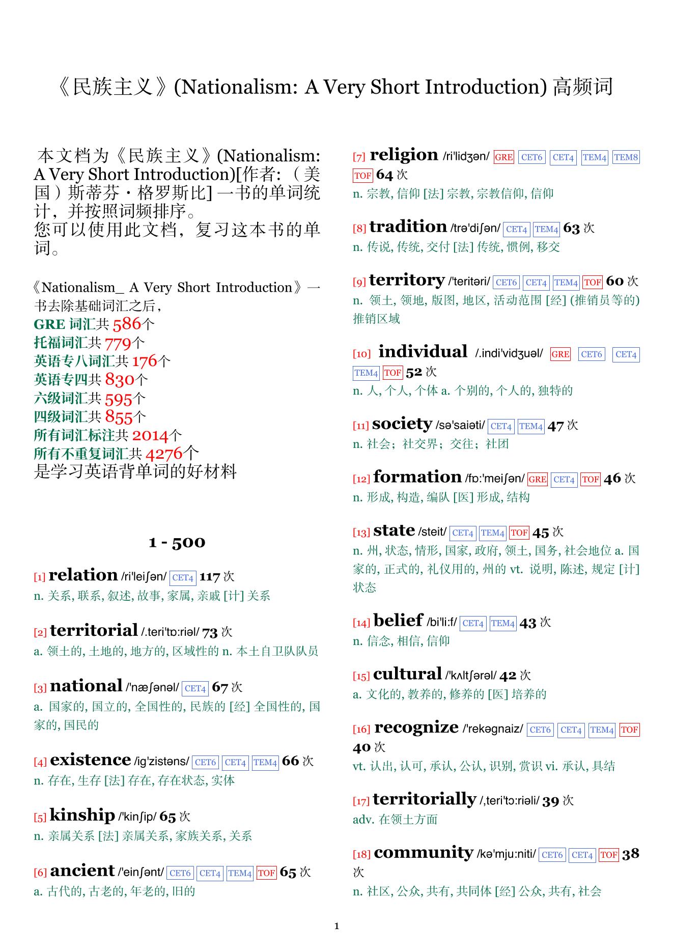 Nationalism: A Very Short Introduction词频统计