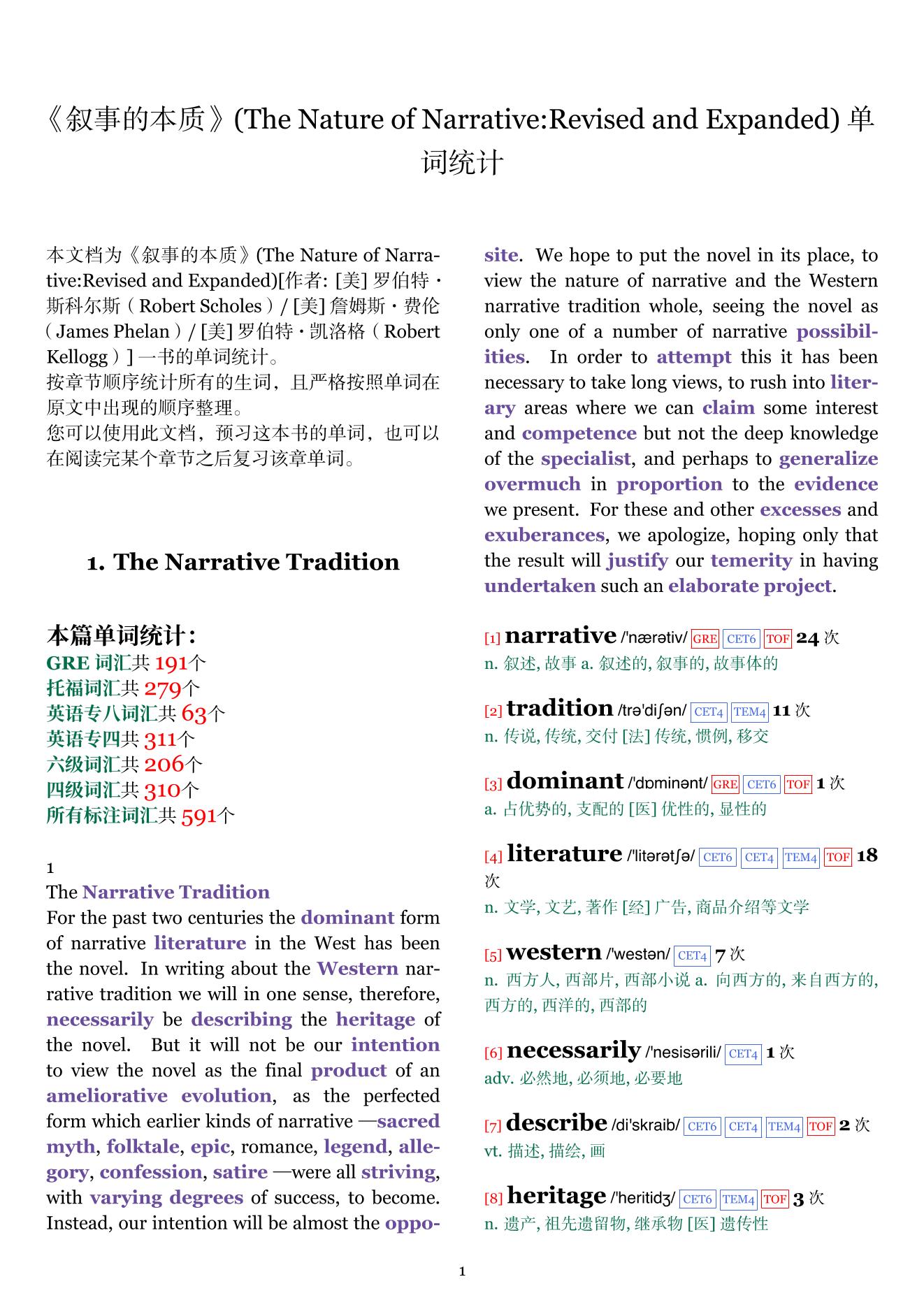 The Nature of Narrative:Revised and Expanded章节单词统计