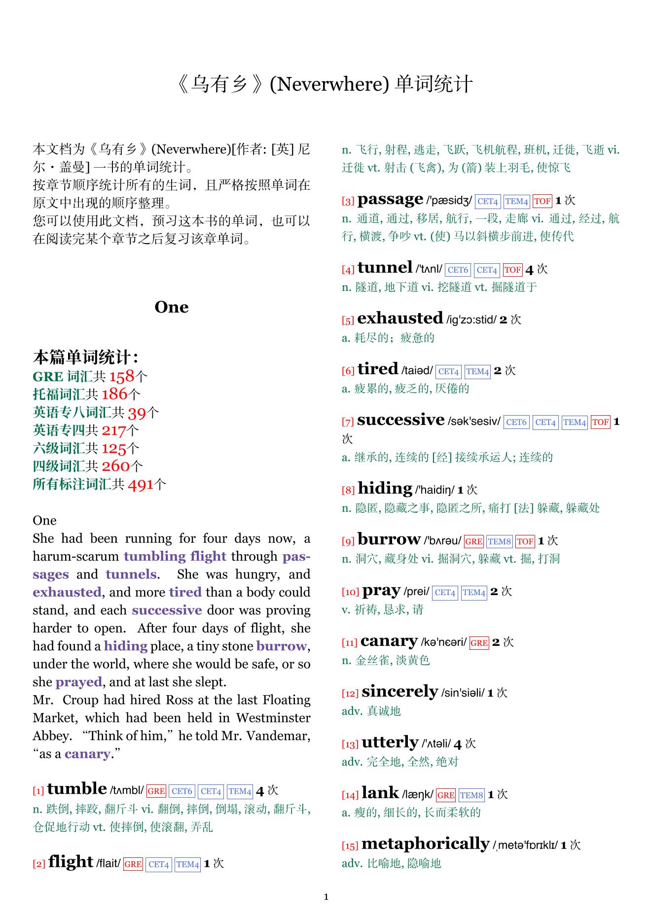 Neverwhere章节单词统计
