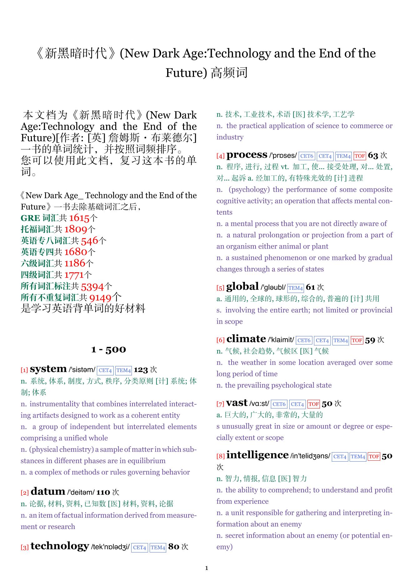 New Dark Age:Technology and the End of the Future词频统计