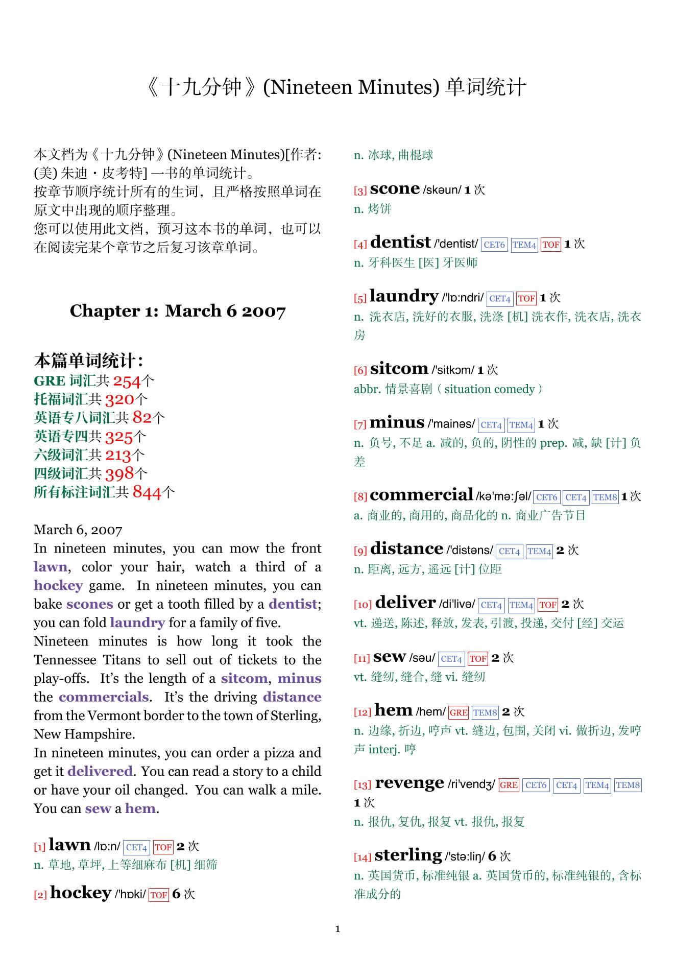Nineteen Minutes章节单词统计