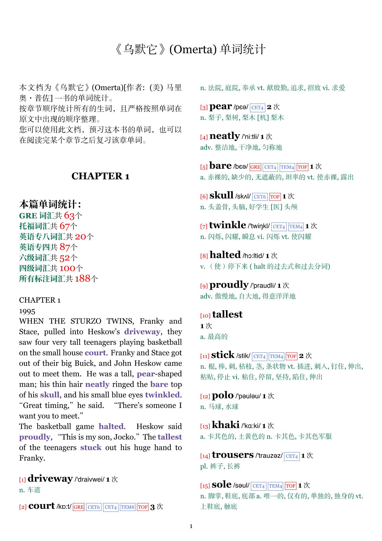 Omerta章节单词统计