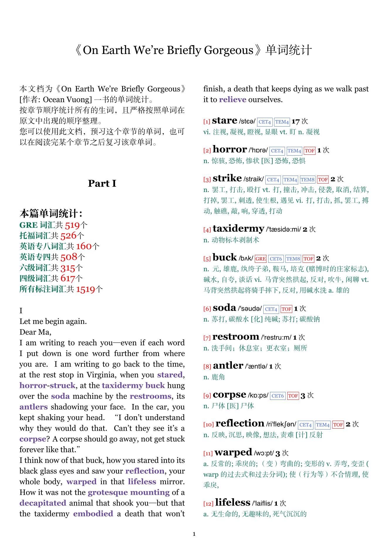 On Earth We're Briefly Gorgeous章节单词统计