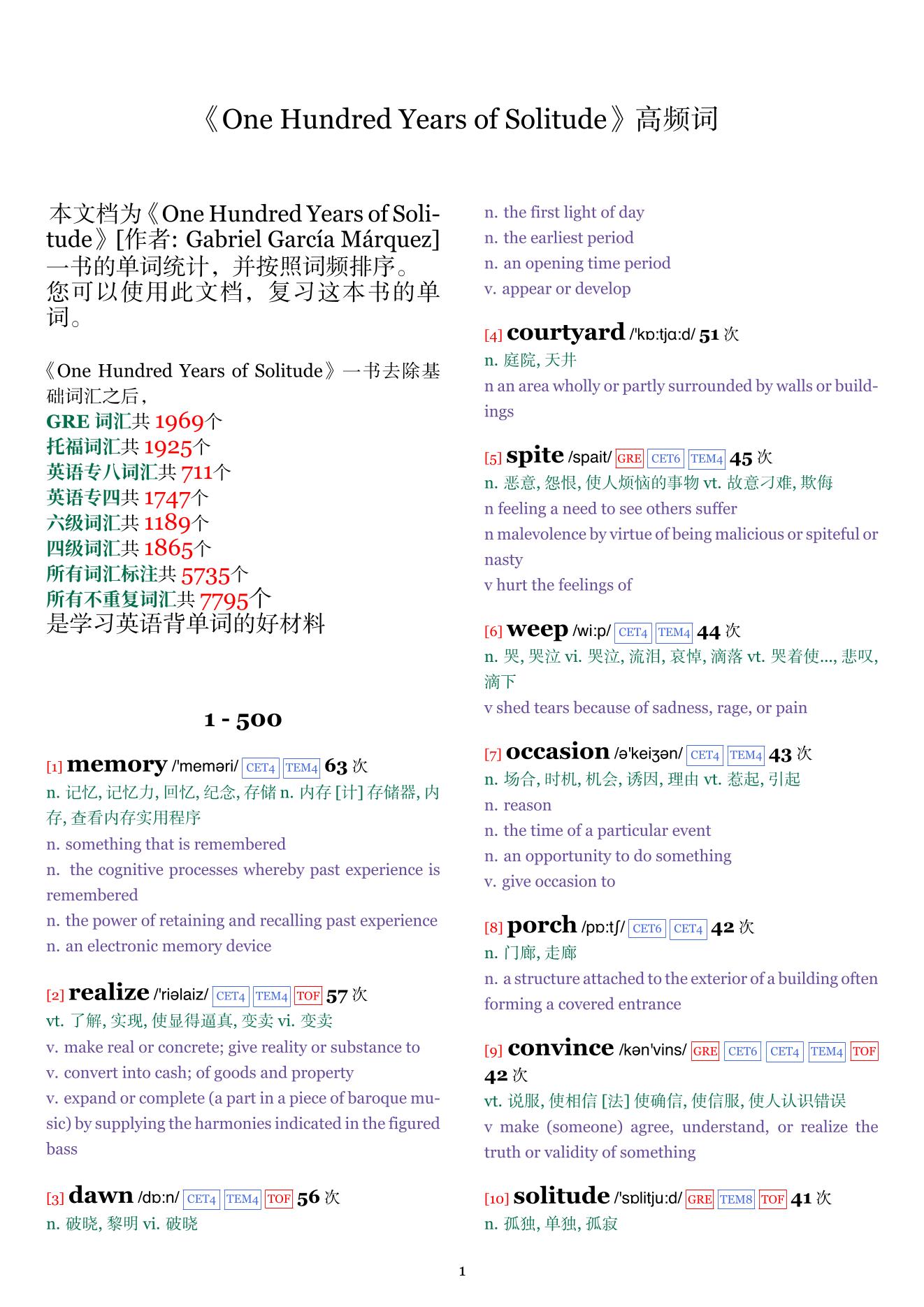 One Hundred Years of Solitude词频统计