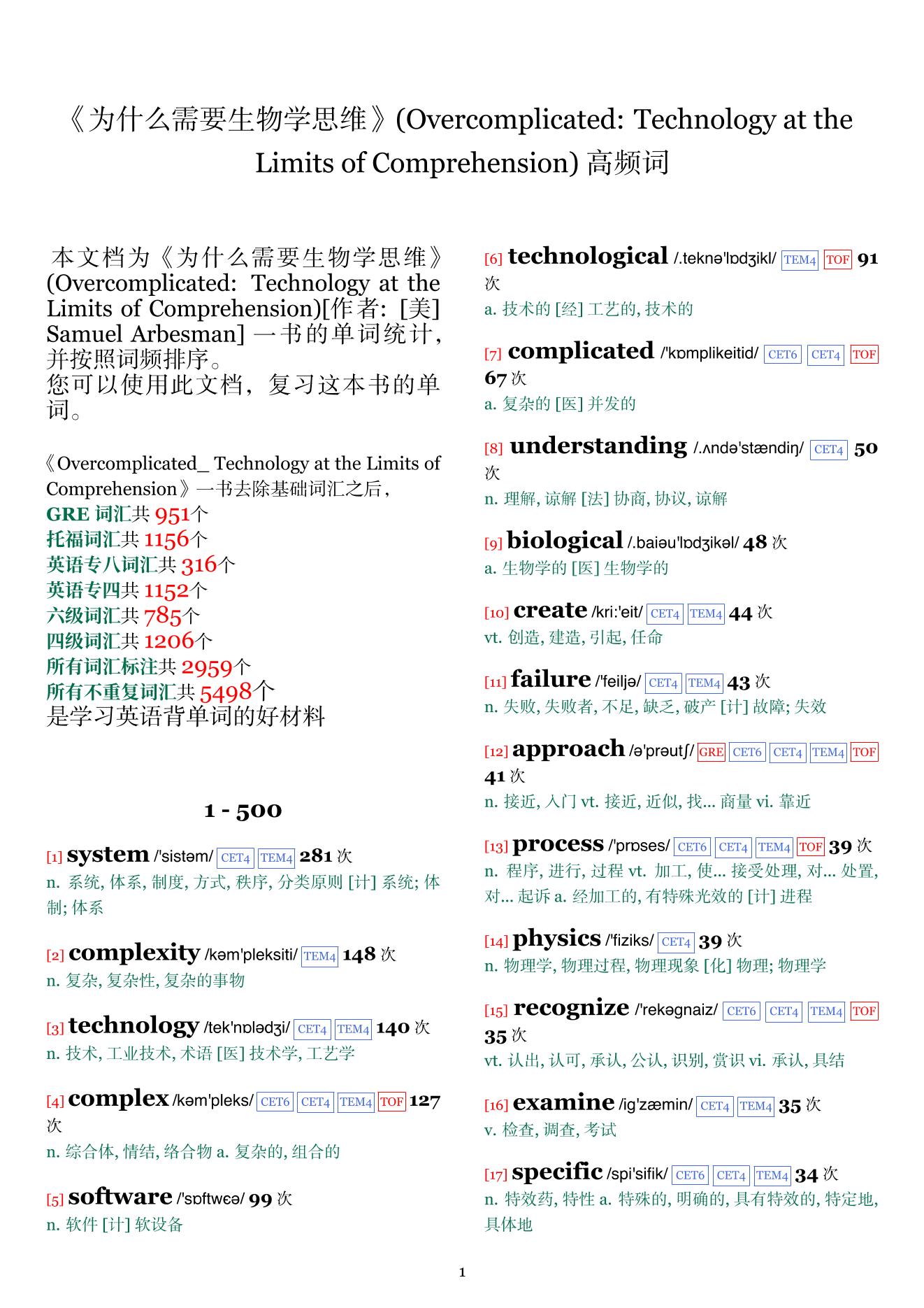 Overcomplicated: Technology at the Limits of Comprehension词频统计