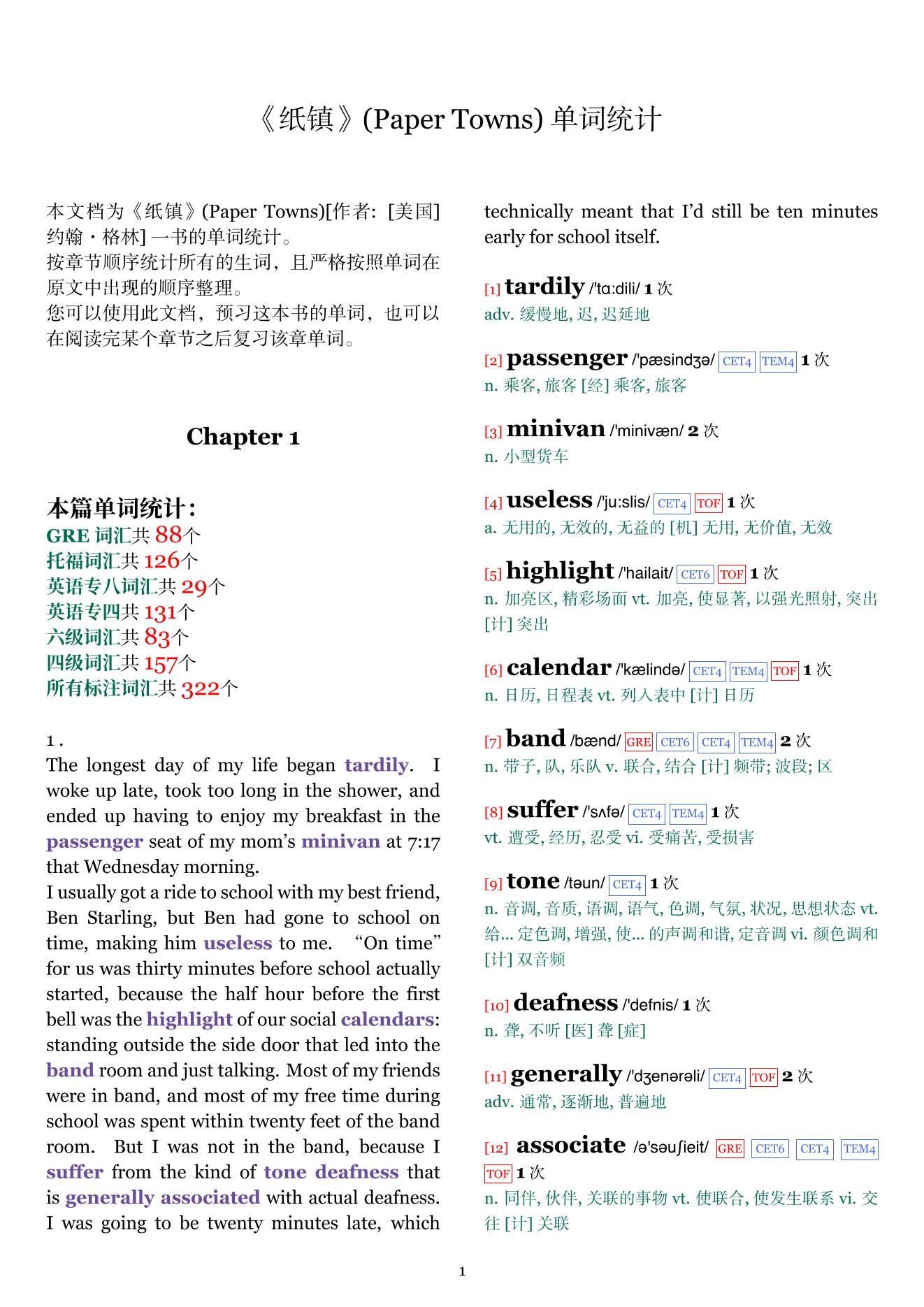 Paper Towns章节单词统计