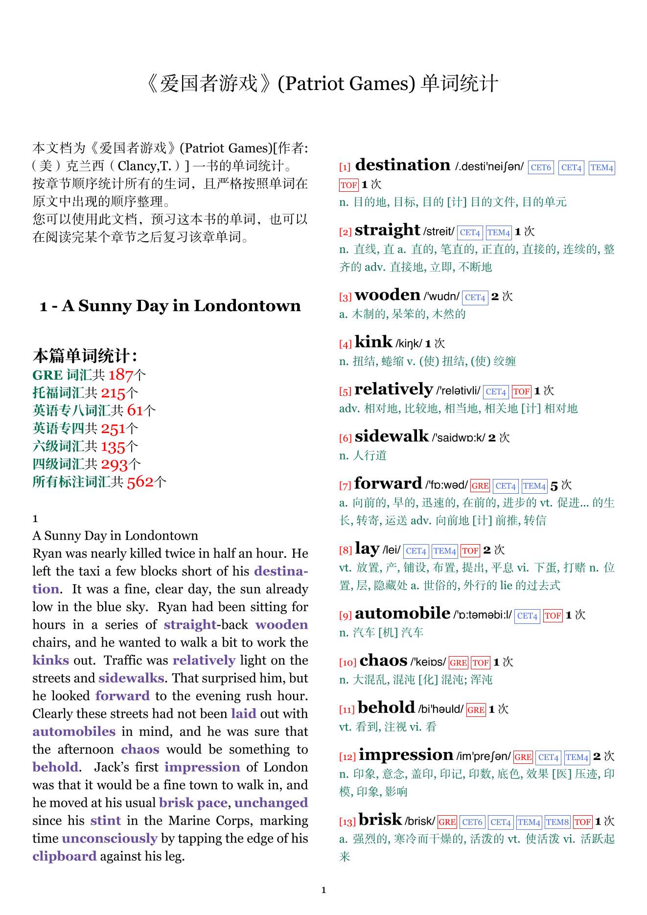 Patriot Games章节单词统计