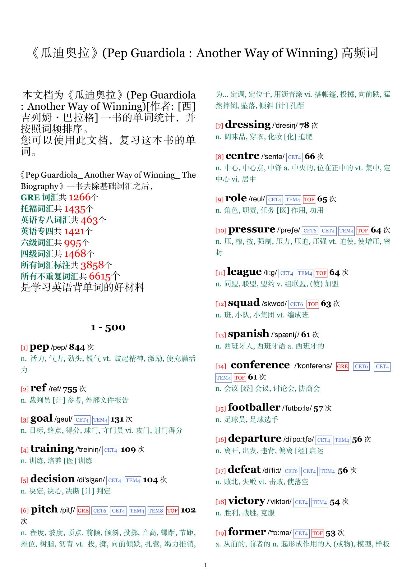 Pep Guardiola : Another Way of Winning词频统计