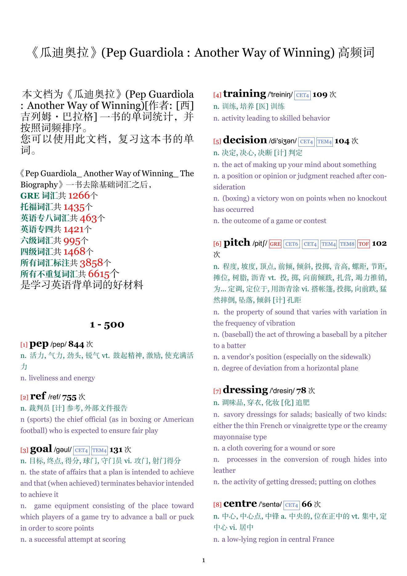 Pep Guardiola : Another Way of Winning词频统计