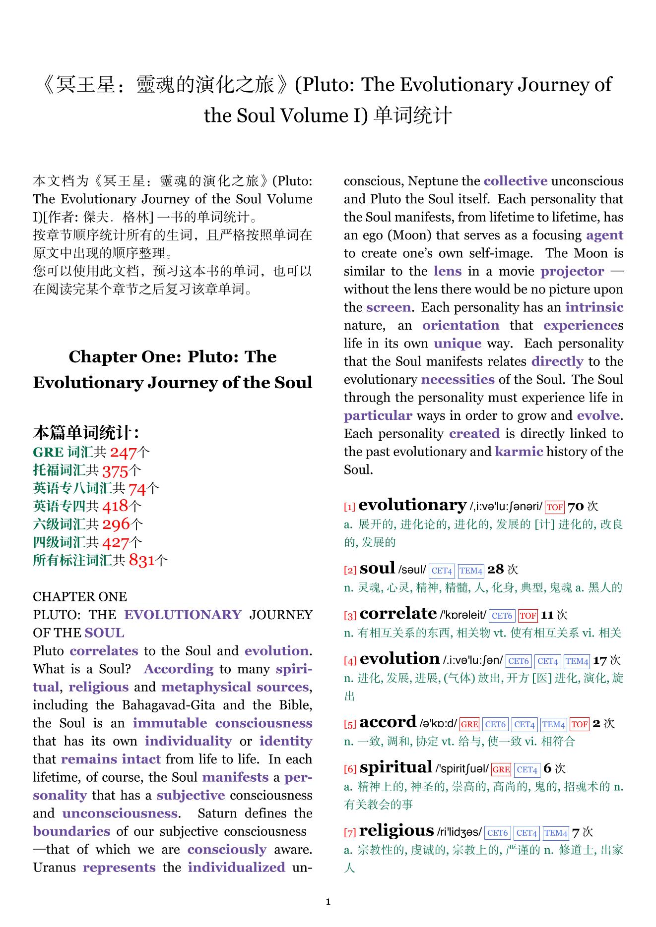 Pluto: The Evolutionary Journey of the Soul Volume I章节单词统计