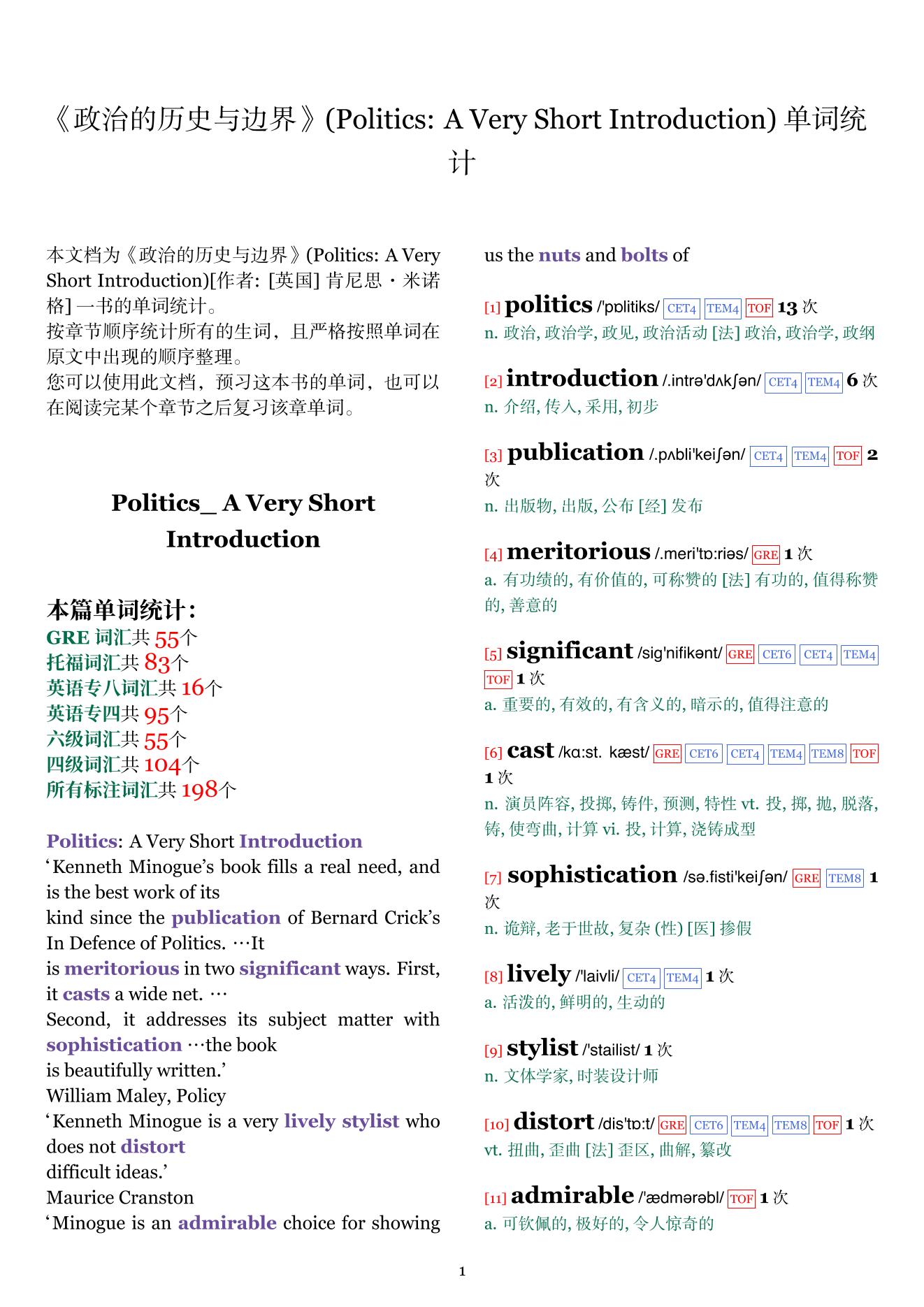 Politics: A Very Short Introduction章节单词统计