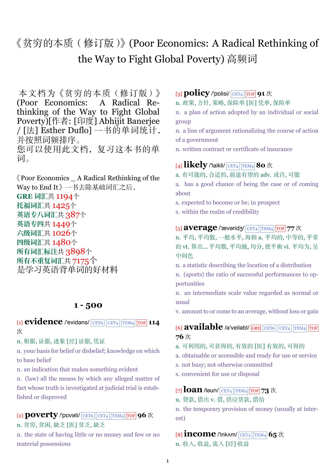Poor Economics: A Radical Rethinking of the Way to Fight Global Poverty词频统计