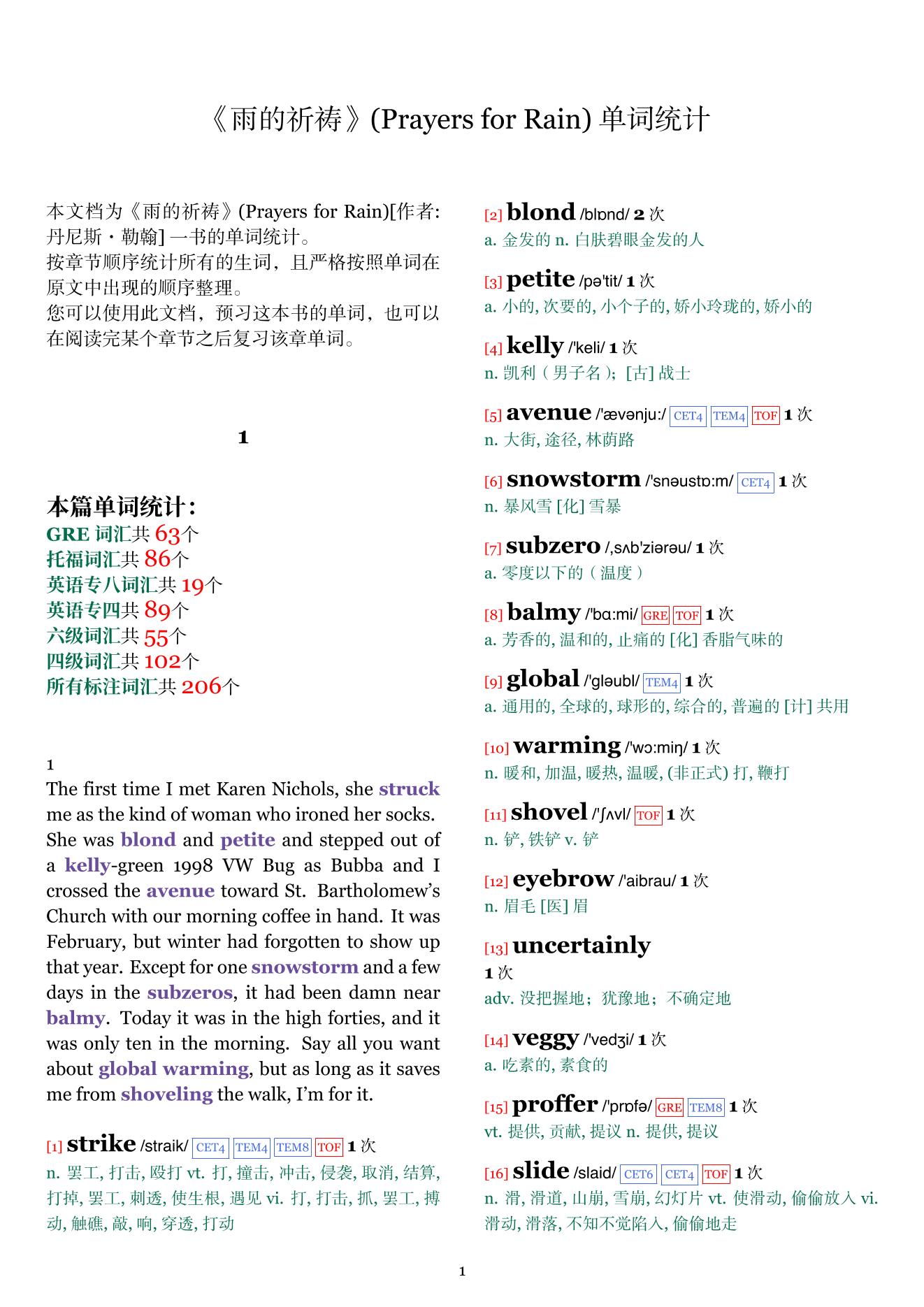 Prayers for Rain章节单词统计