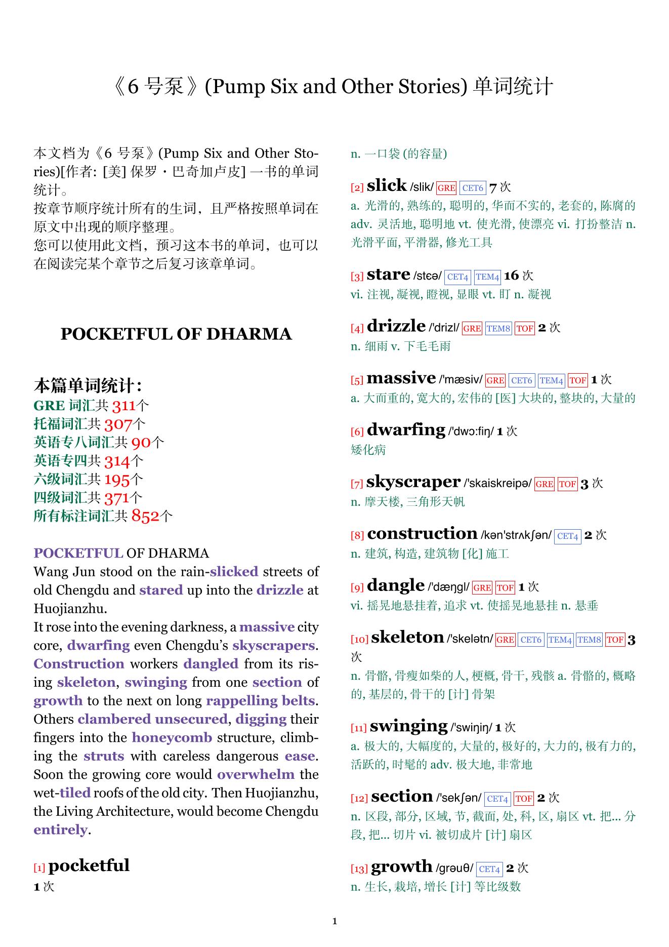 Pump Six and Other Stories章节单词统计