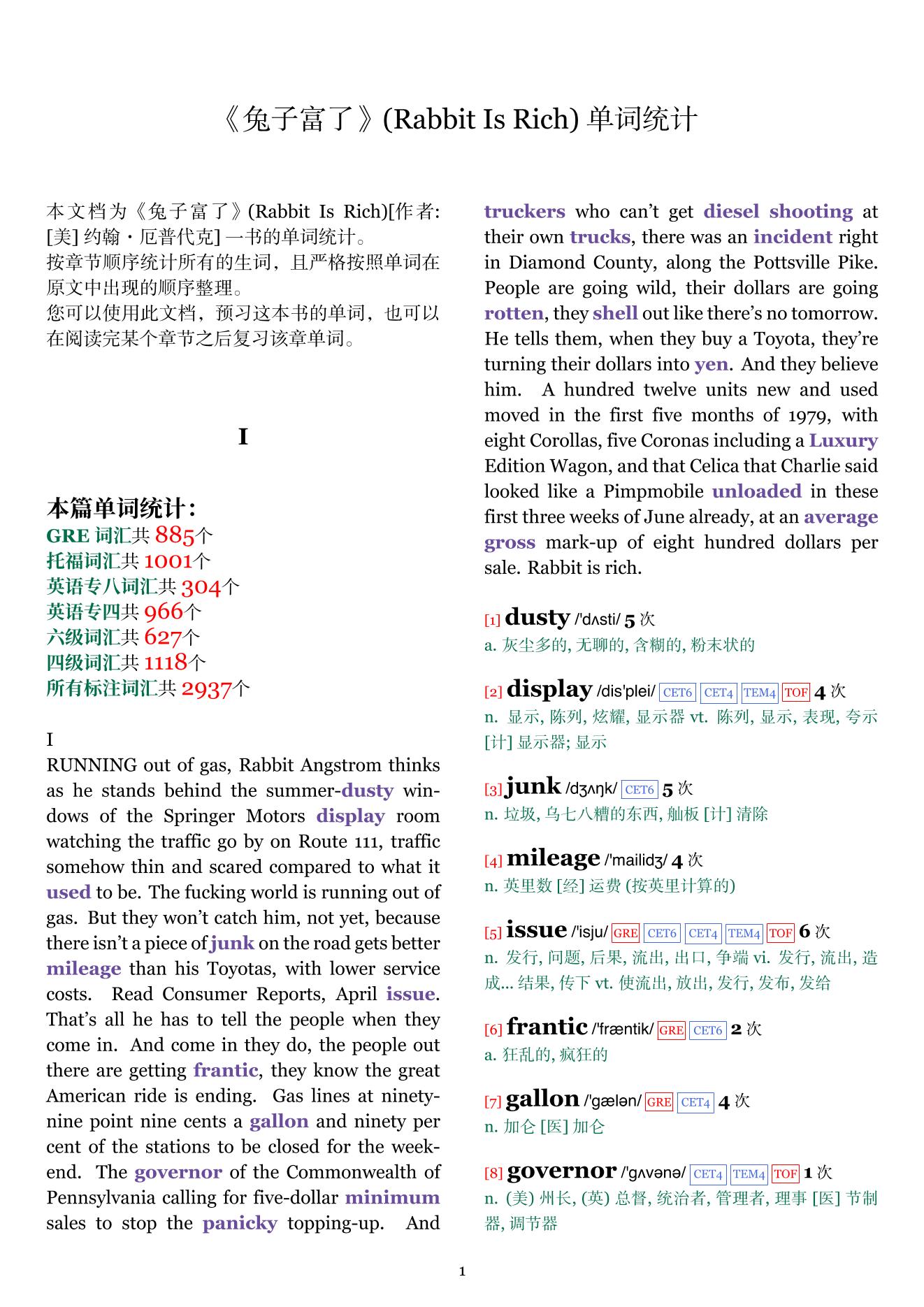 Rabbit Is Rich章节单词统计