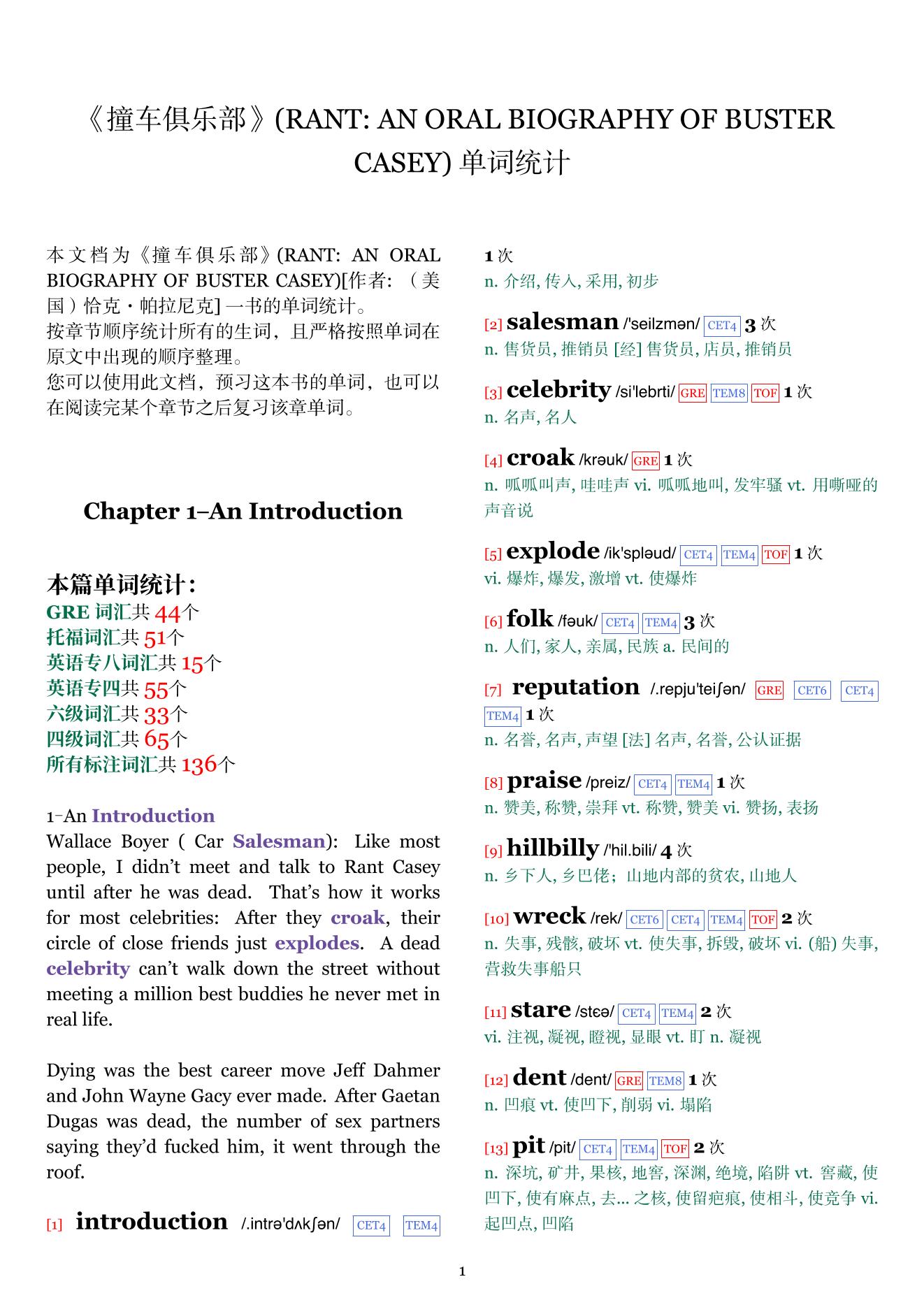 RANT: AN ORAL BIOGRAPHY OF BUSTER CASEY章节单词统计