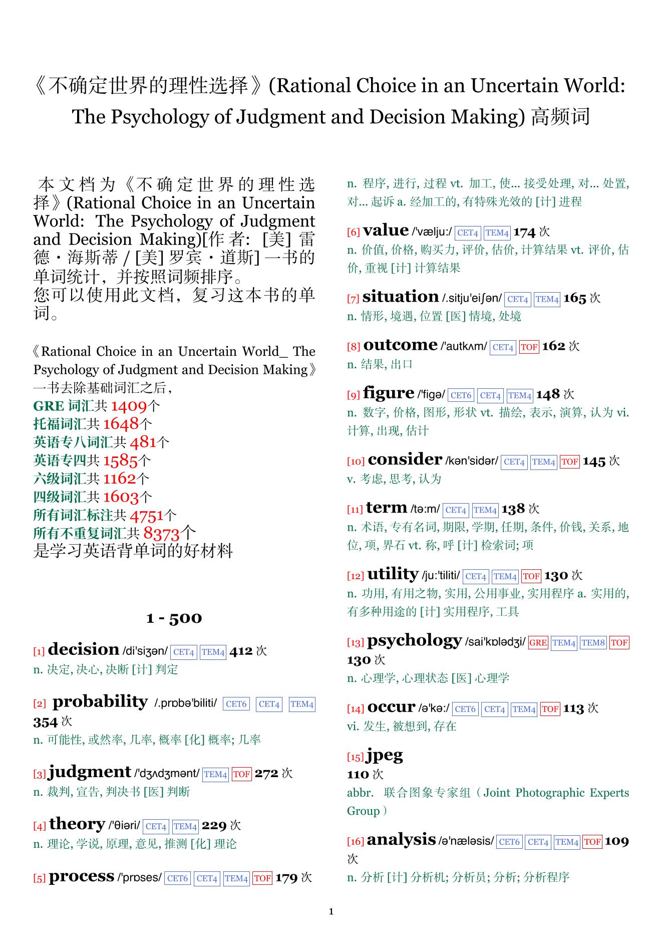 Rational Choice in an Uncertain World: The Psychology of Judgment and Decision Making词频统计