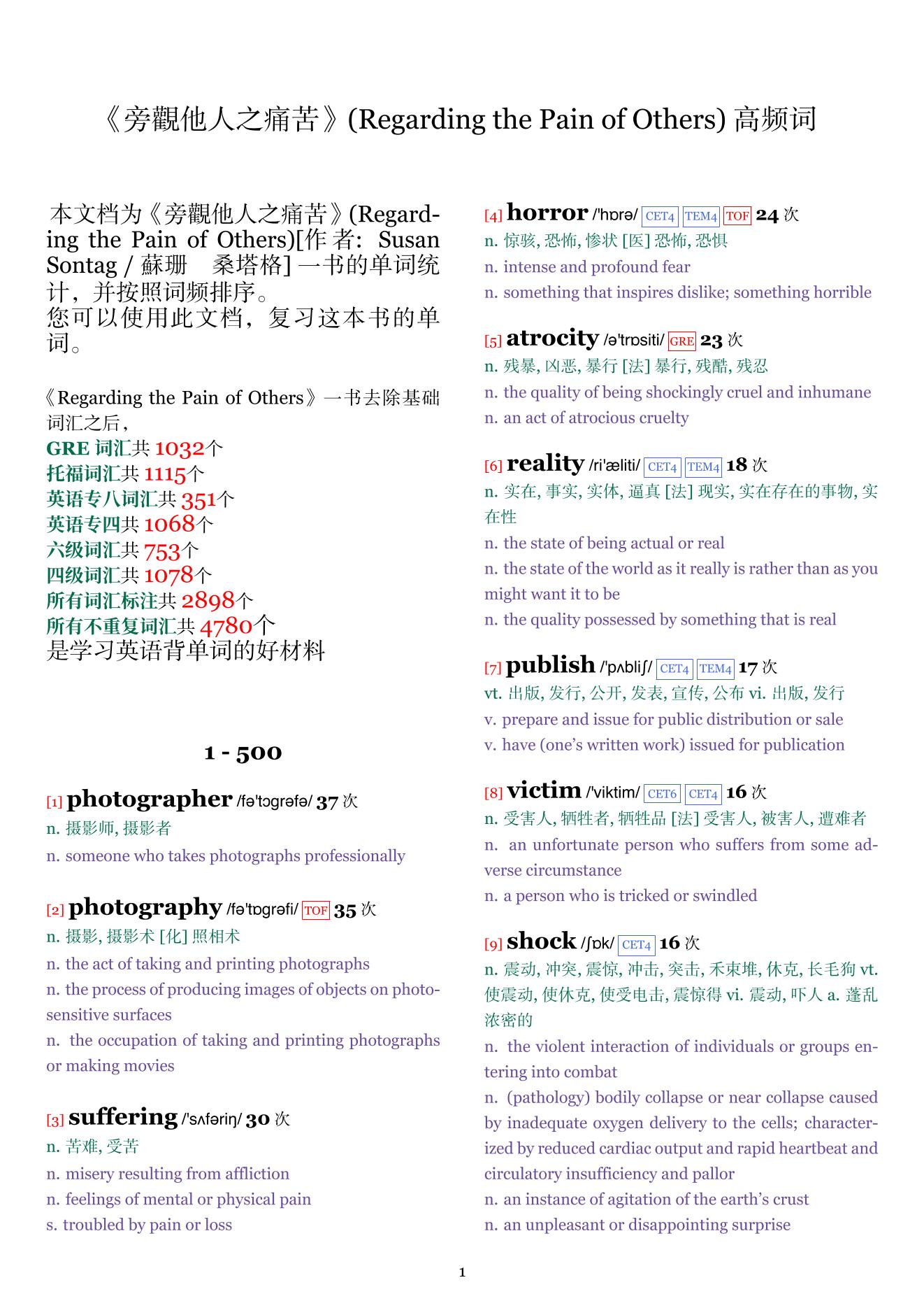 Regarding the Pain of Others词频统计