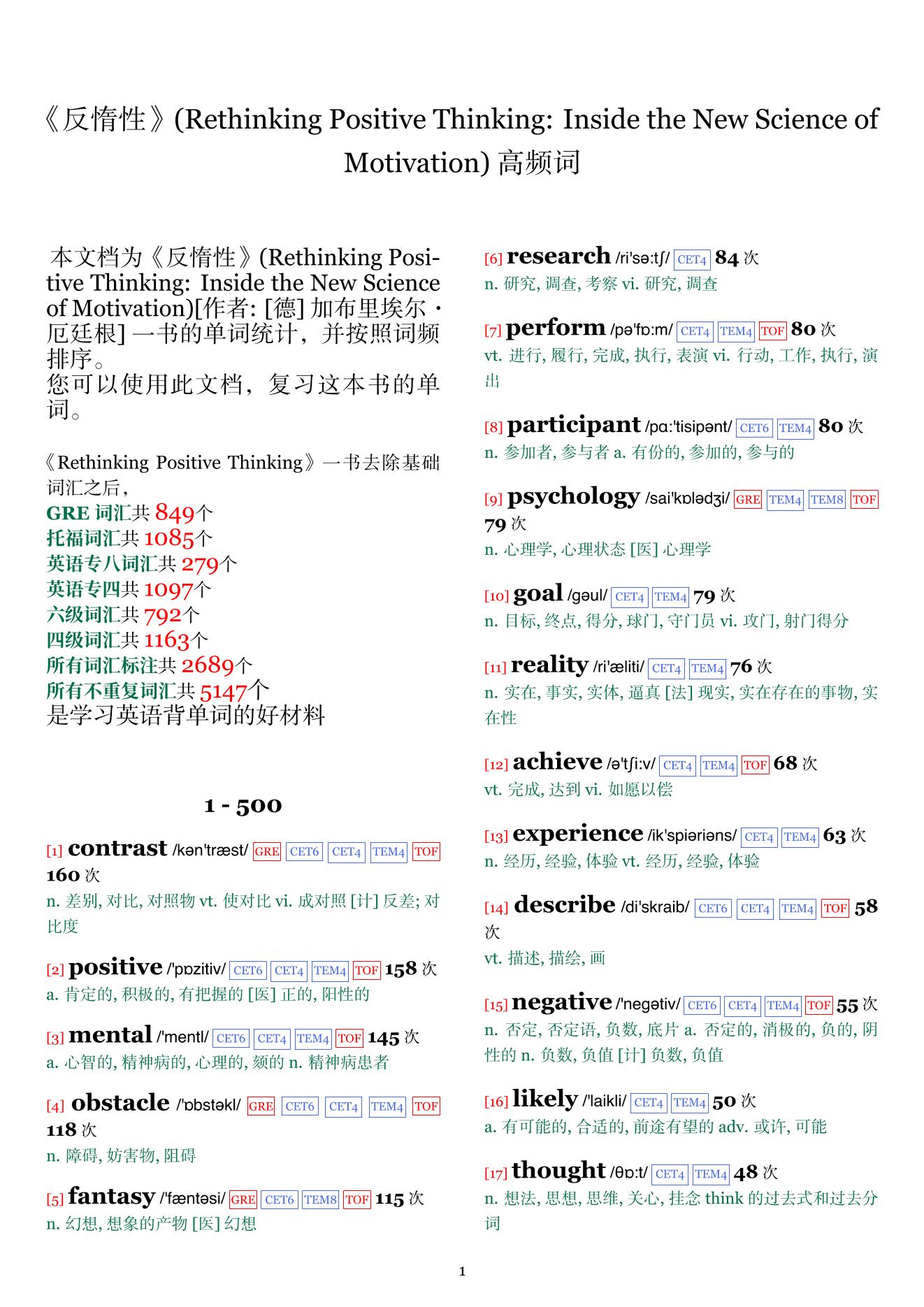 Rethinking Positive Thinking: Inside the New Science of Motivation词频统计