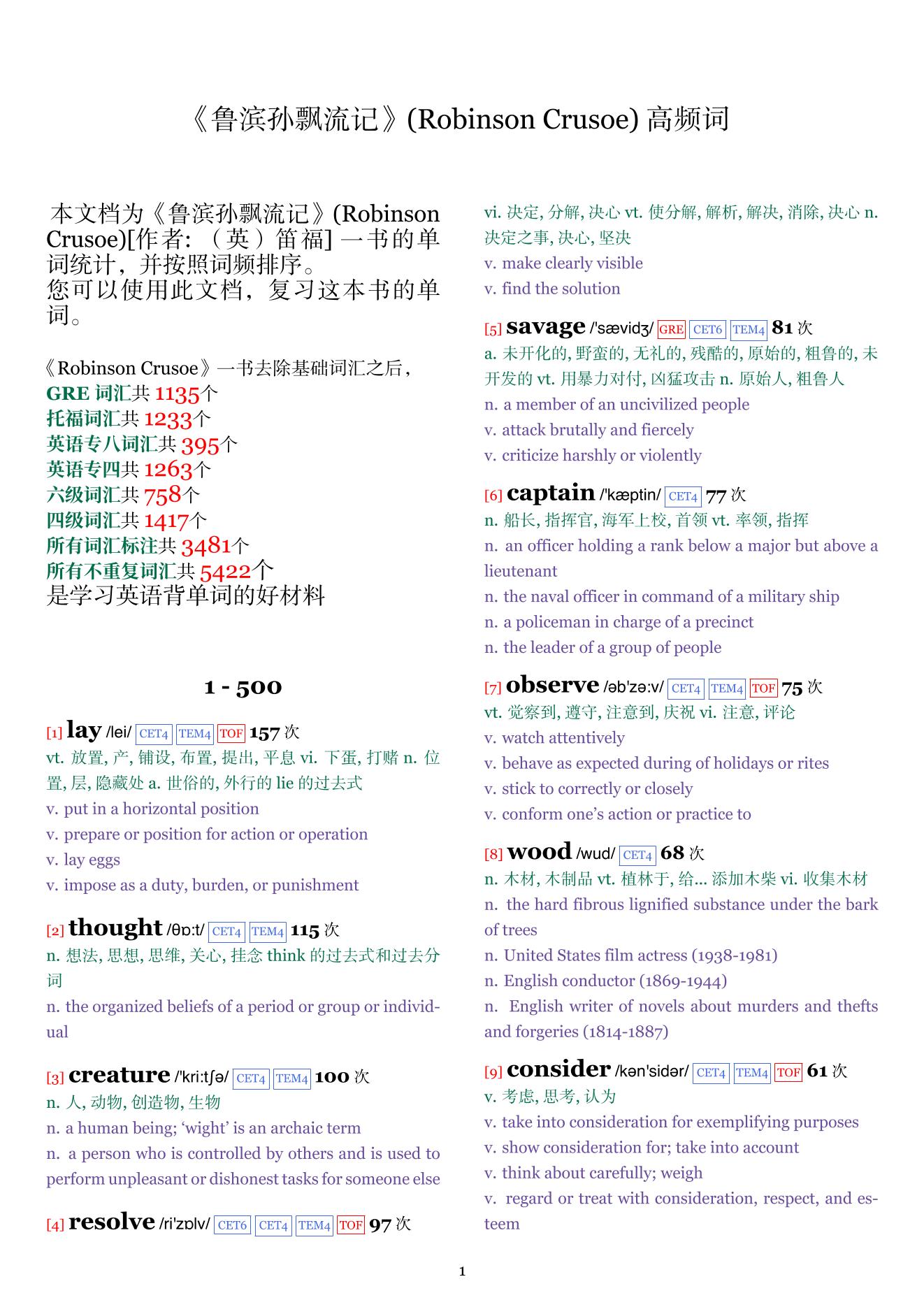 Robinson Crusoe词频统计