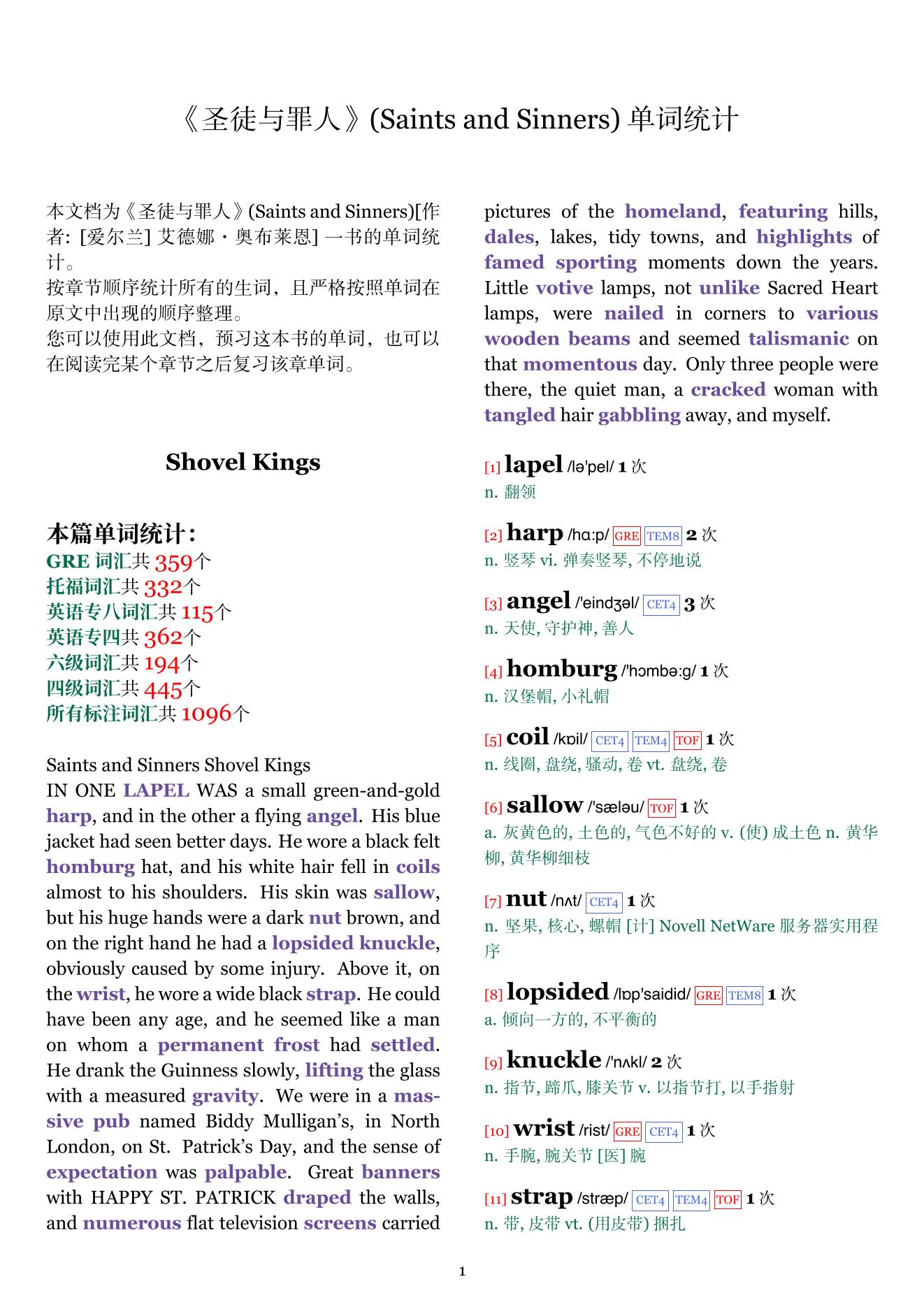 Saints and Sinners章节单词统计