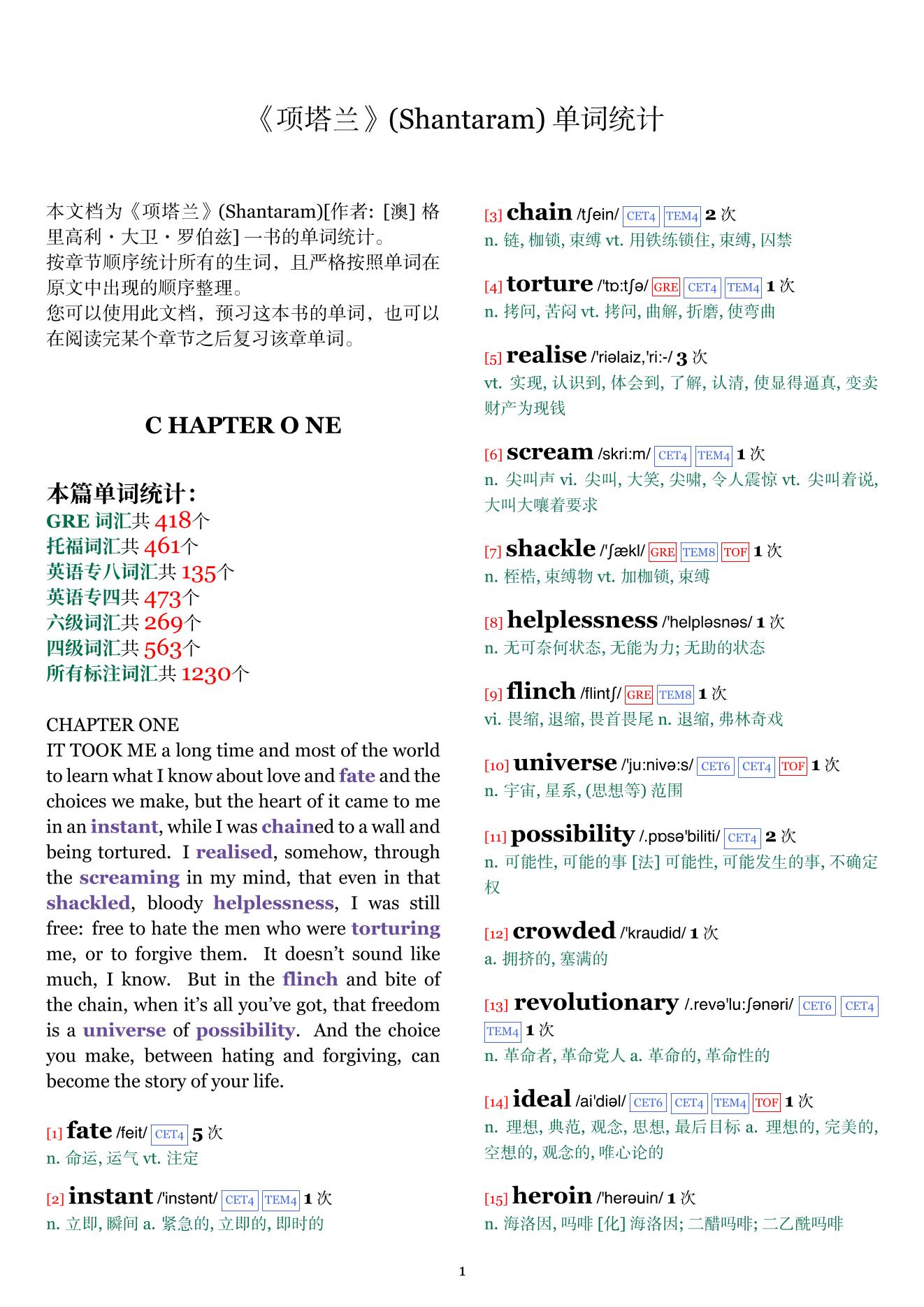 Shantaram章节单词统计