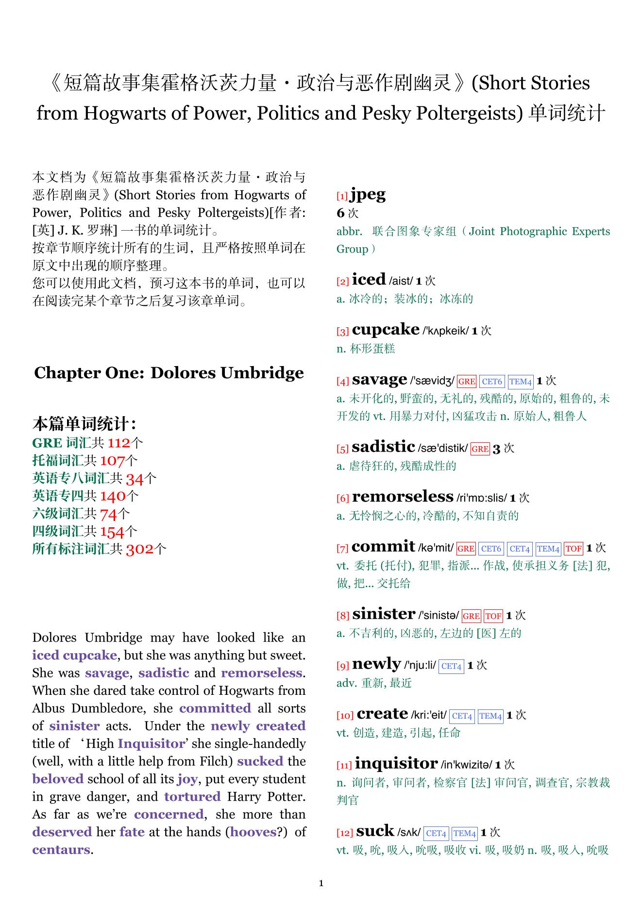 Short Stories from Hogwarts of Power, Politics and Pesky Poltergeists章节单词统计