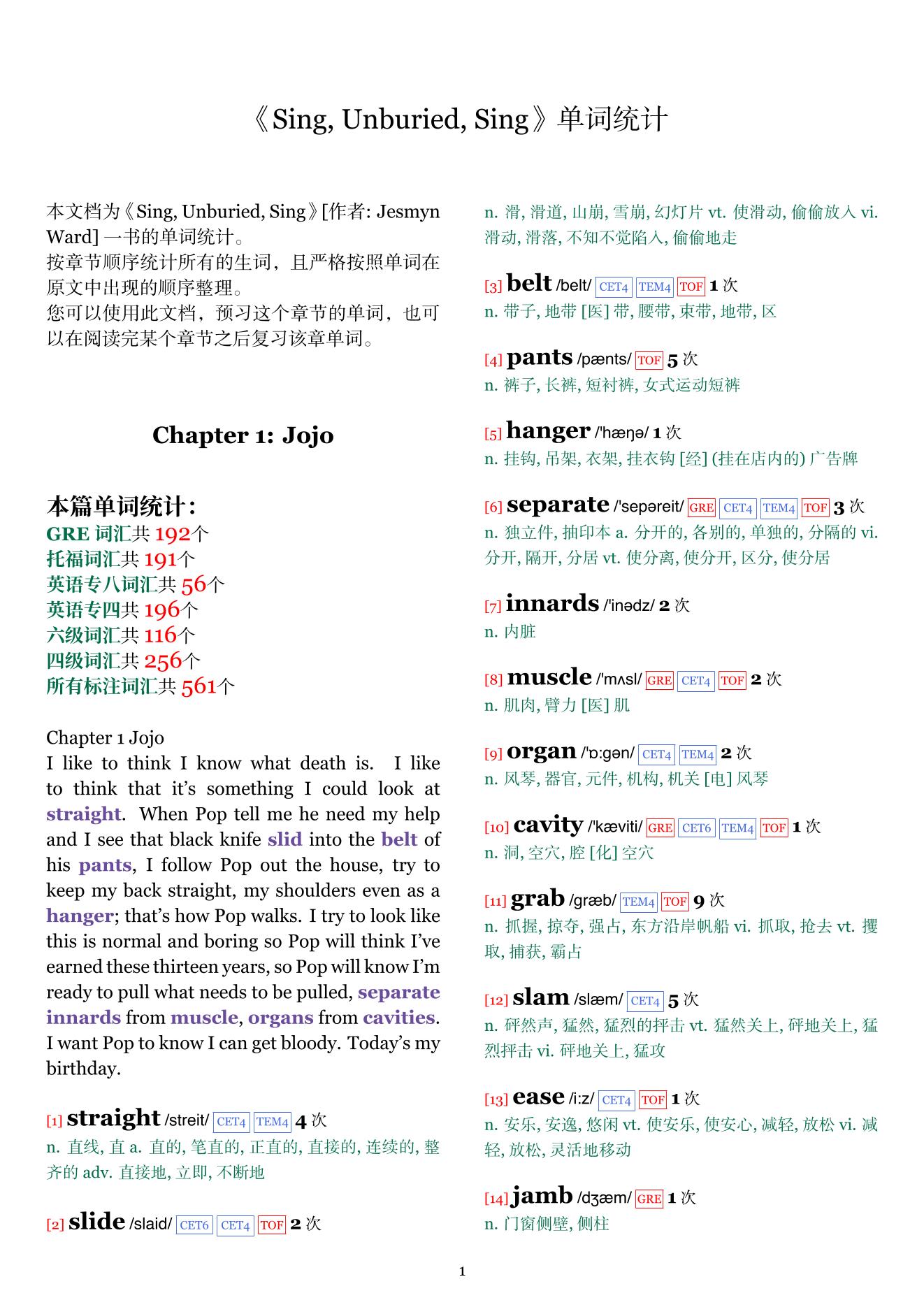 Sing, Unburied, Sing章节单词统计