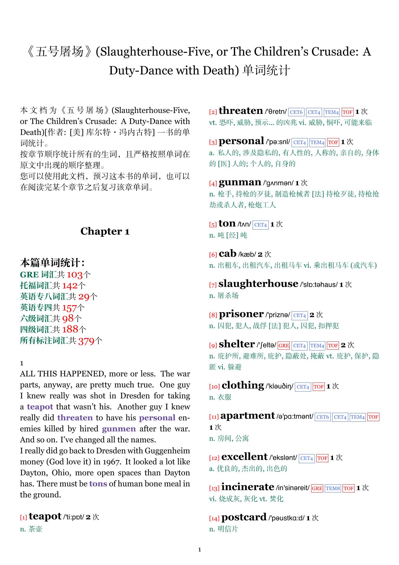 Slaughterhouse-Five, or The Children's Crusade: A Duty-Dance with Death章节单词统计