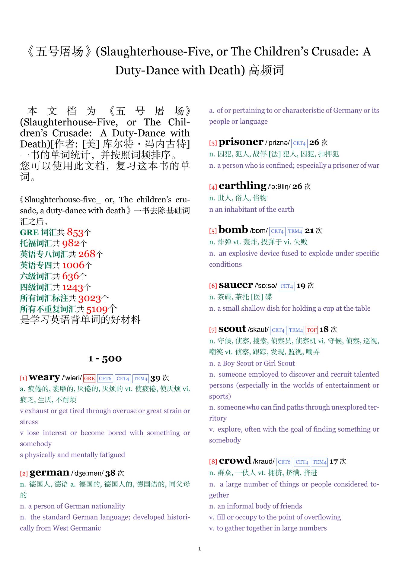 Slaughterhouse-Five, or The Children's Crusade: A Duty-Dance with Death词频统计