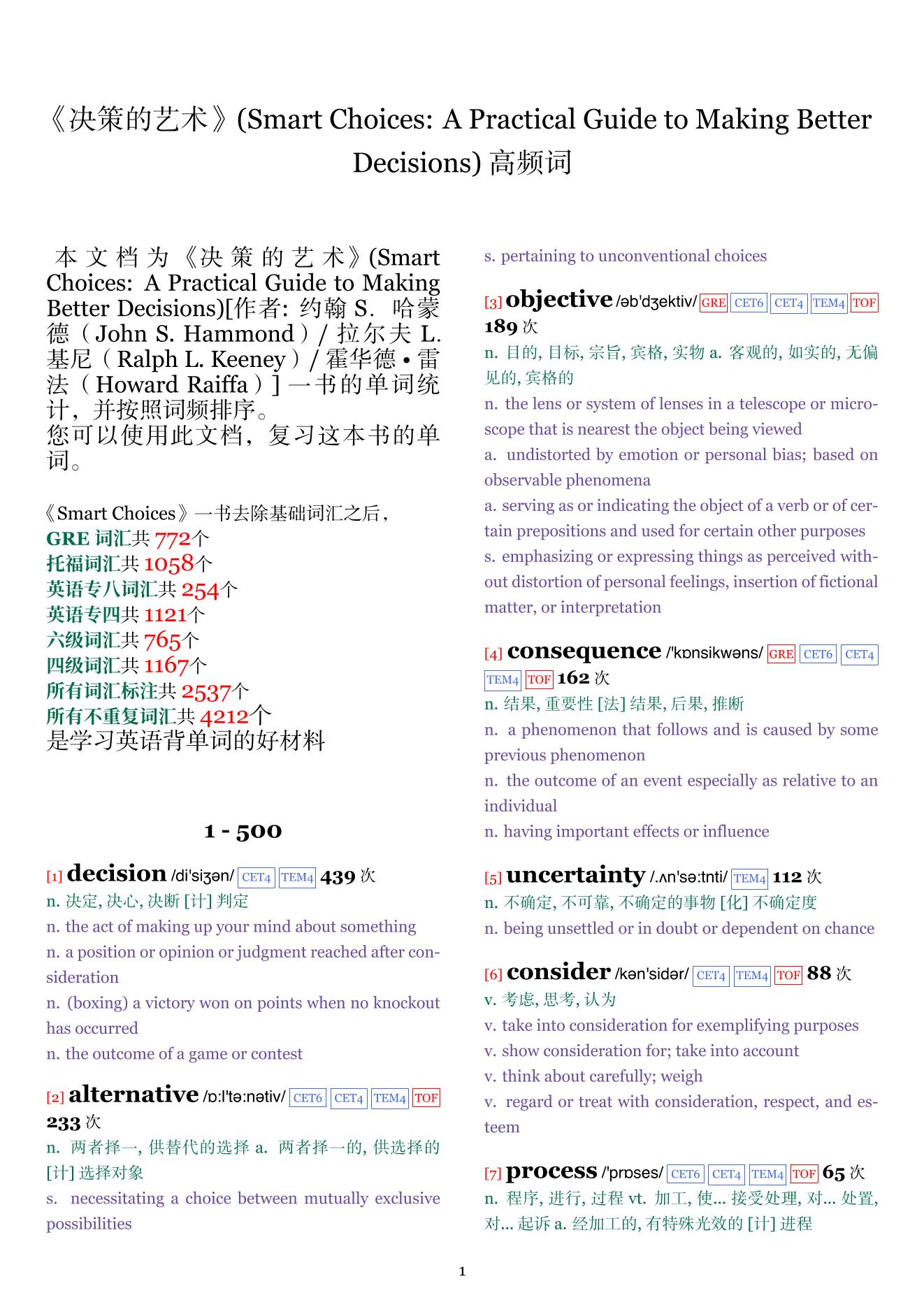 Smart Choices: A Practical Guide to Making Better Decisions词频统计