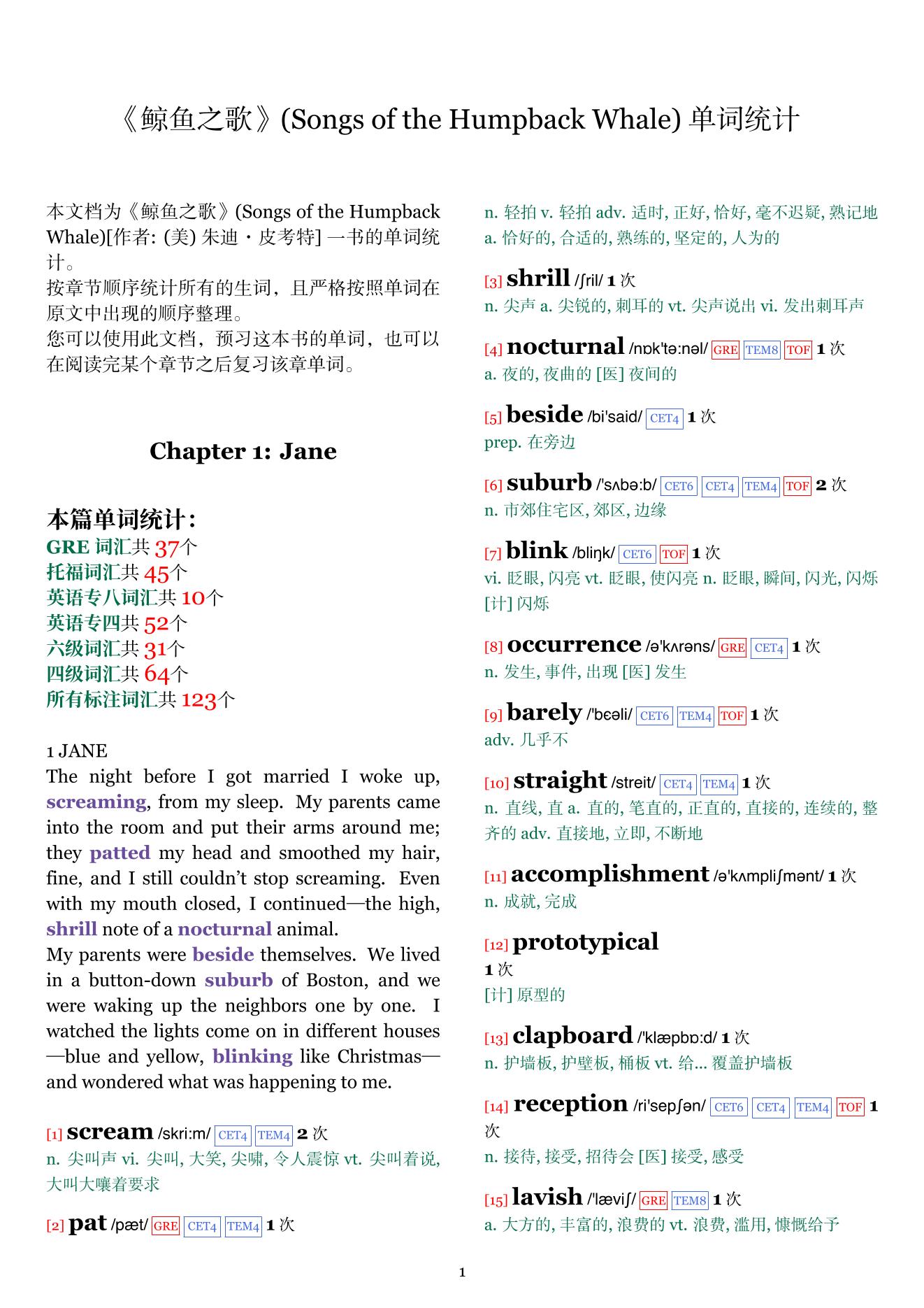 Songs of the Humpback Whale章节单词统计