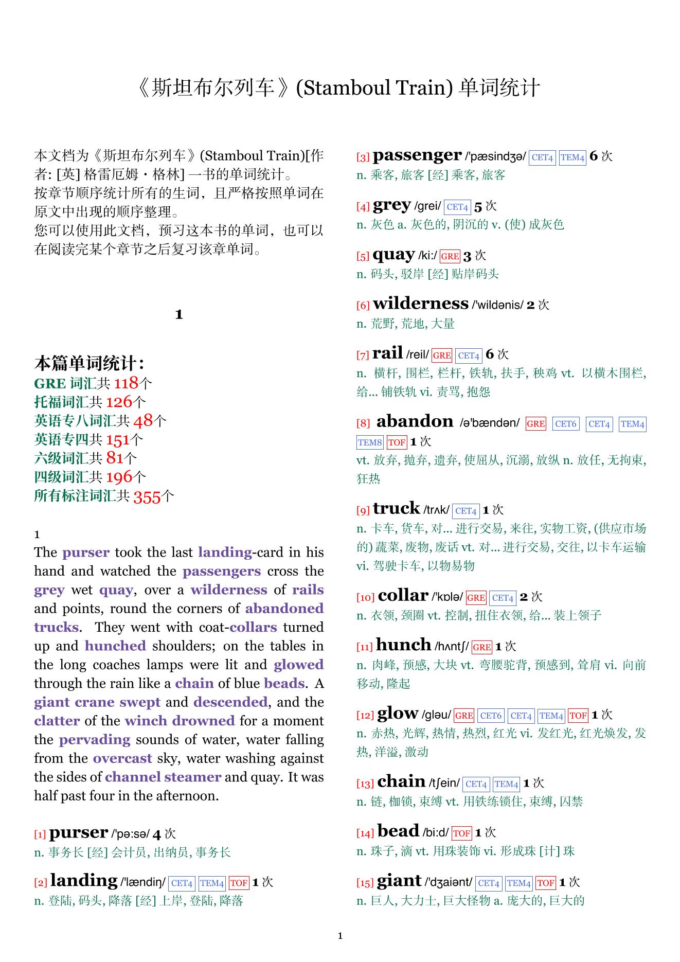 Stamboul Train章节单词统计