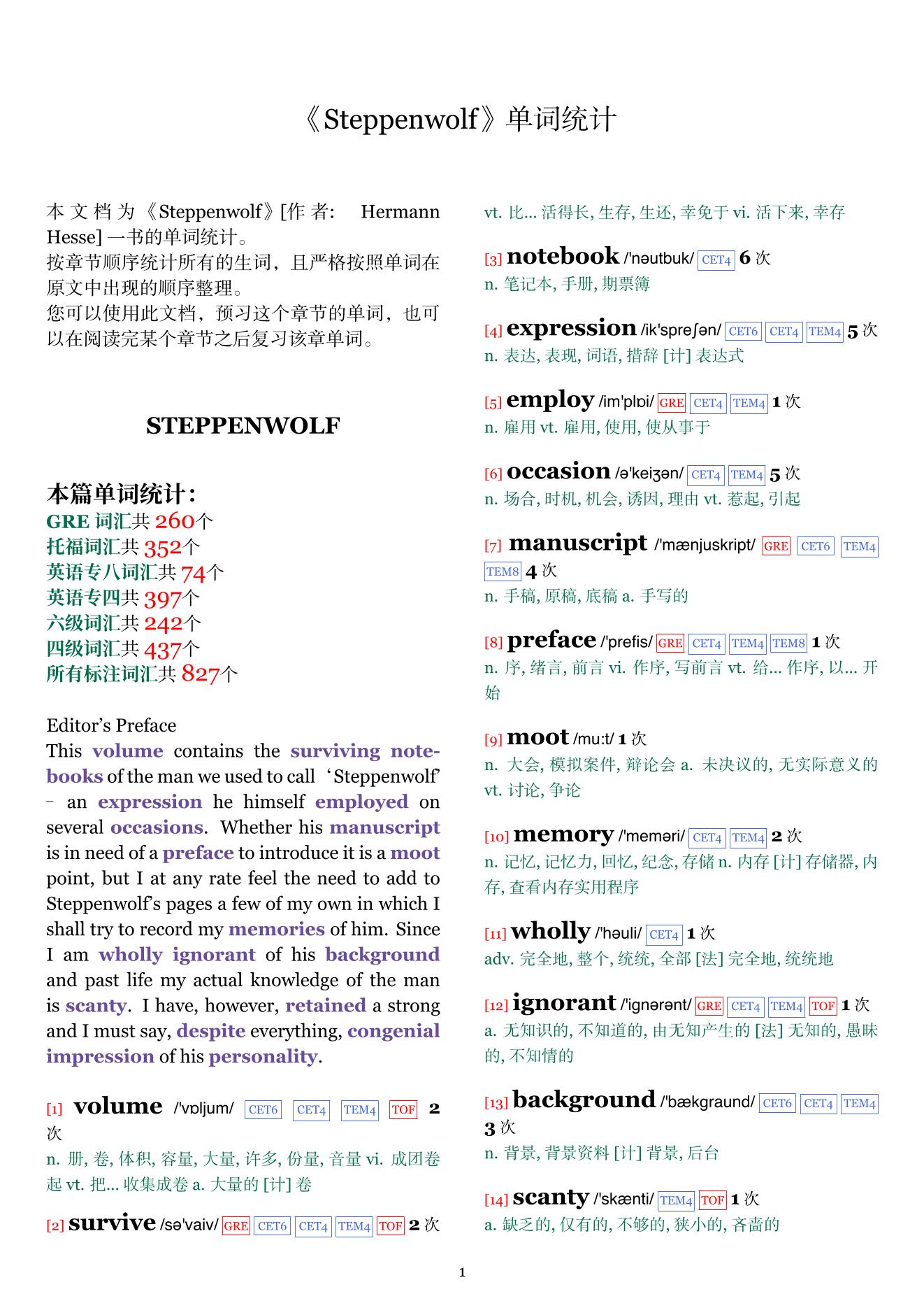 Steppenwolf章节单词统计