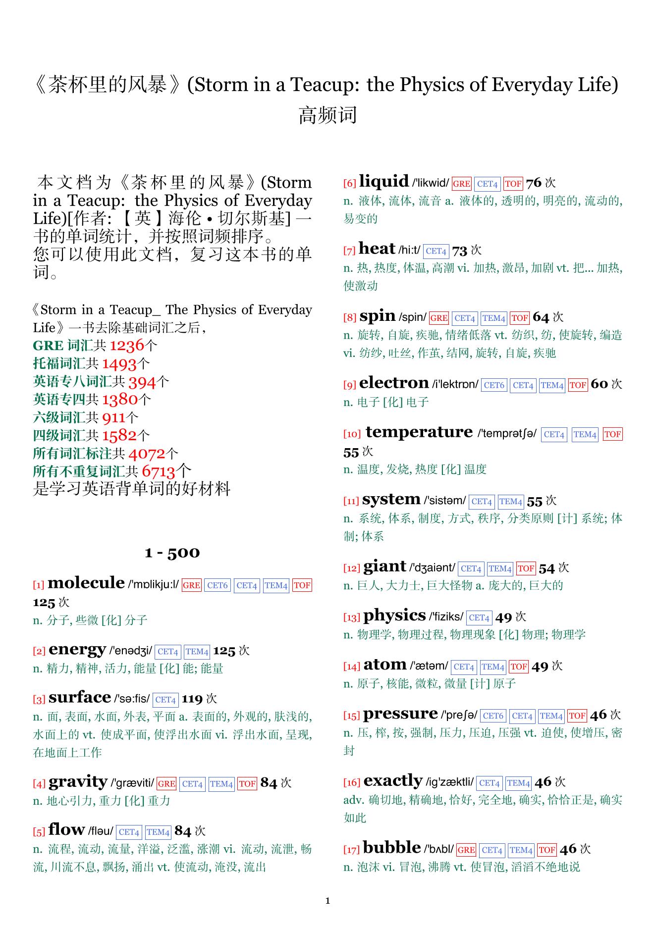 Storm in a Teacup: the Physics of Everyday Life词频统计
