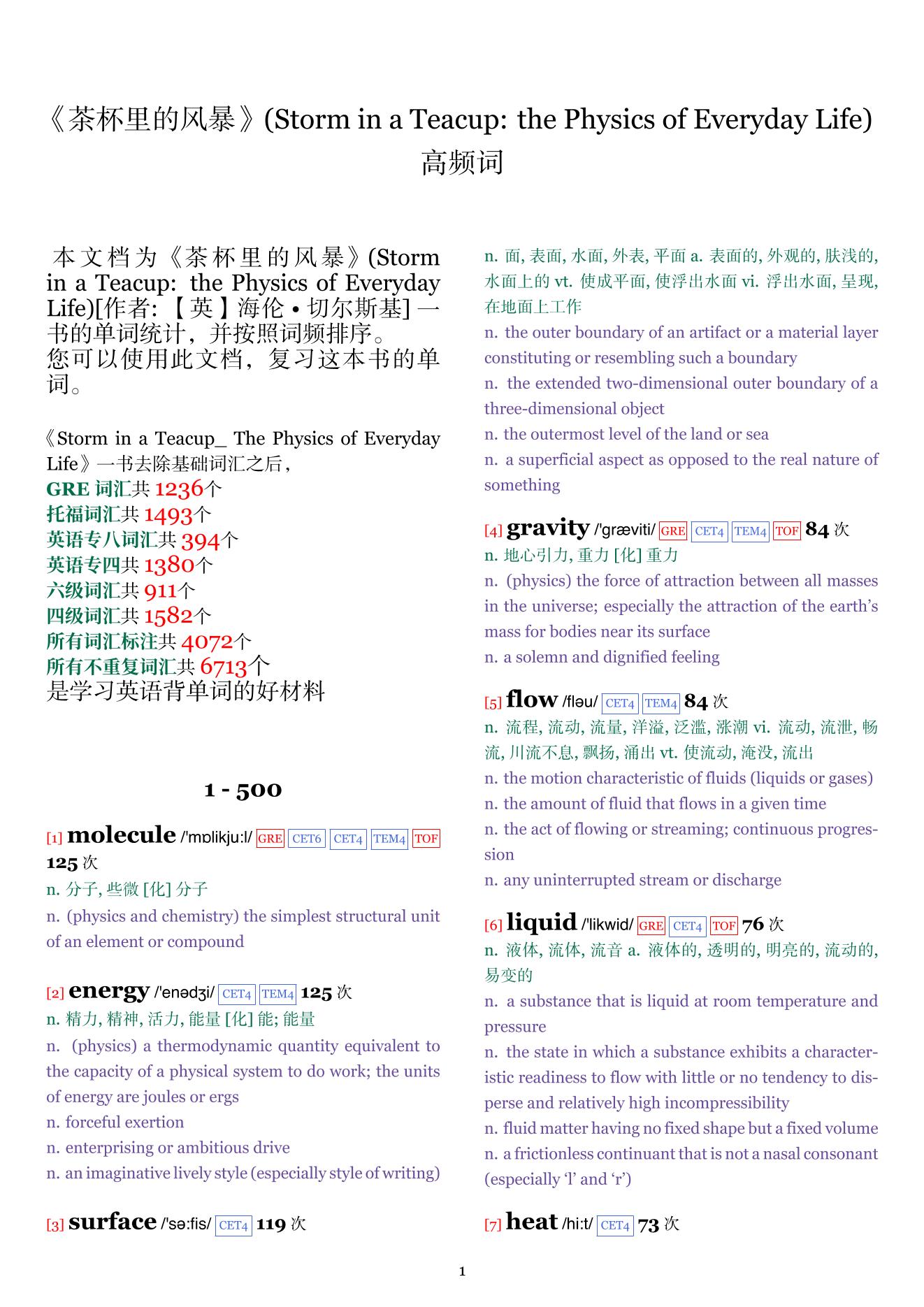 Storm in a Teacup: the Physics of Everyday Life词频统计