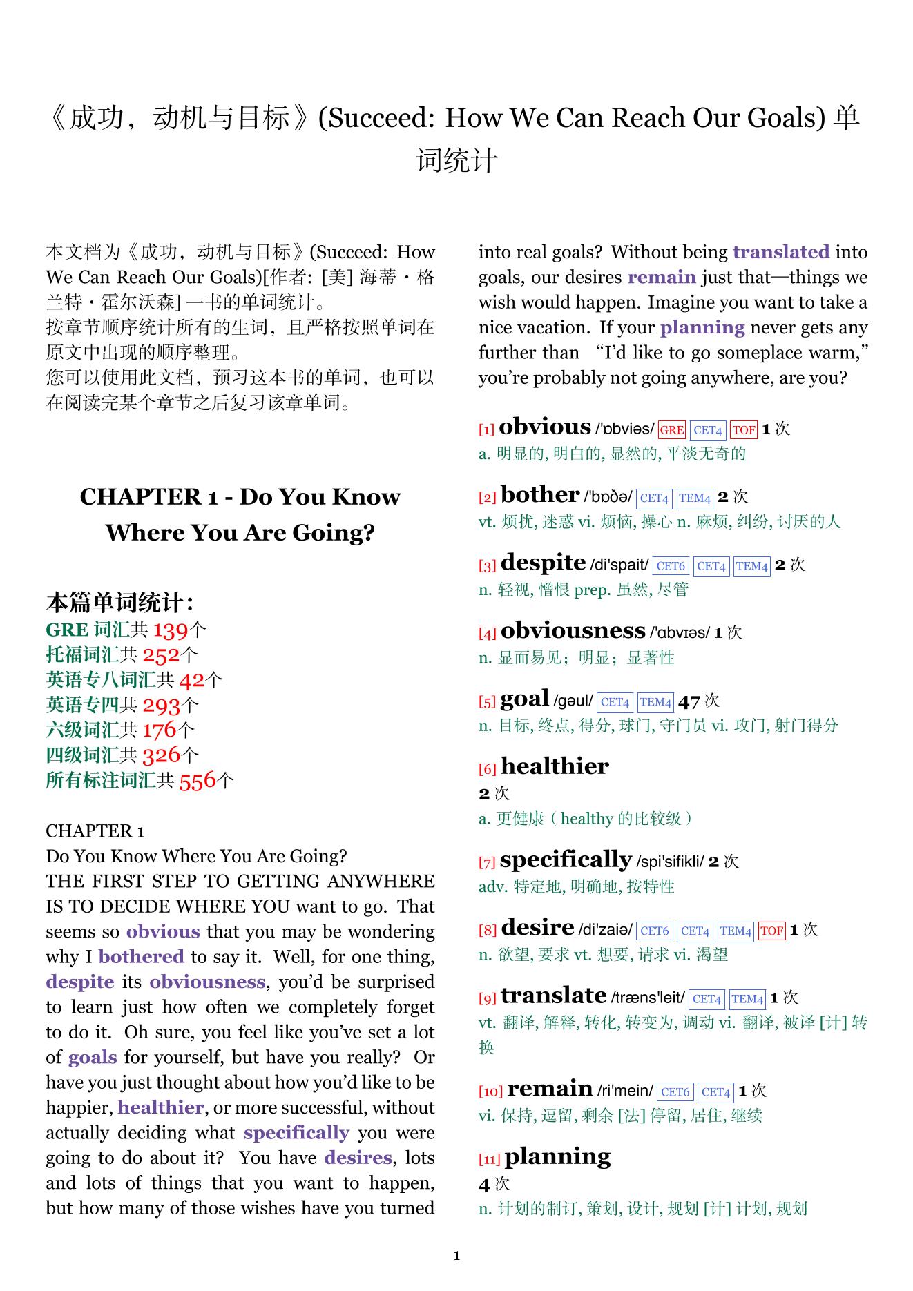 Succeed: How We Can Reach Our Goals章节单词统计