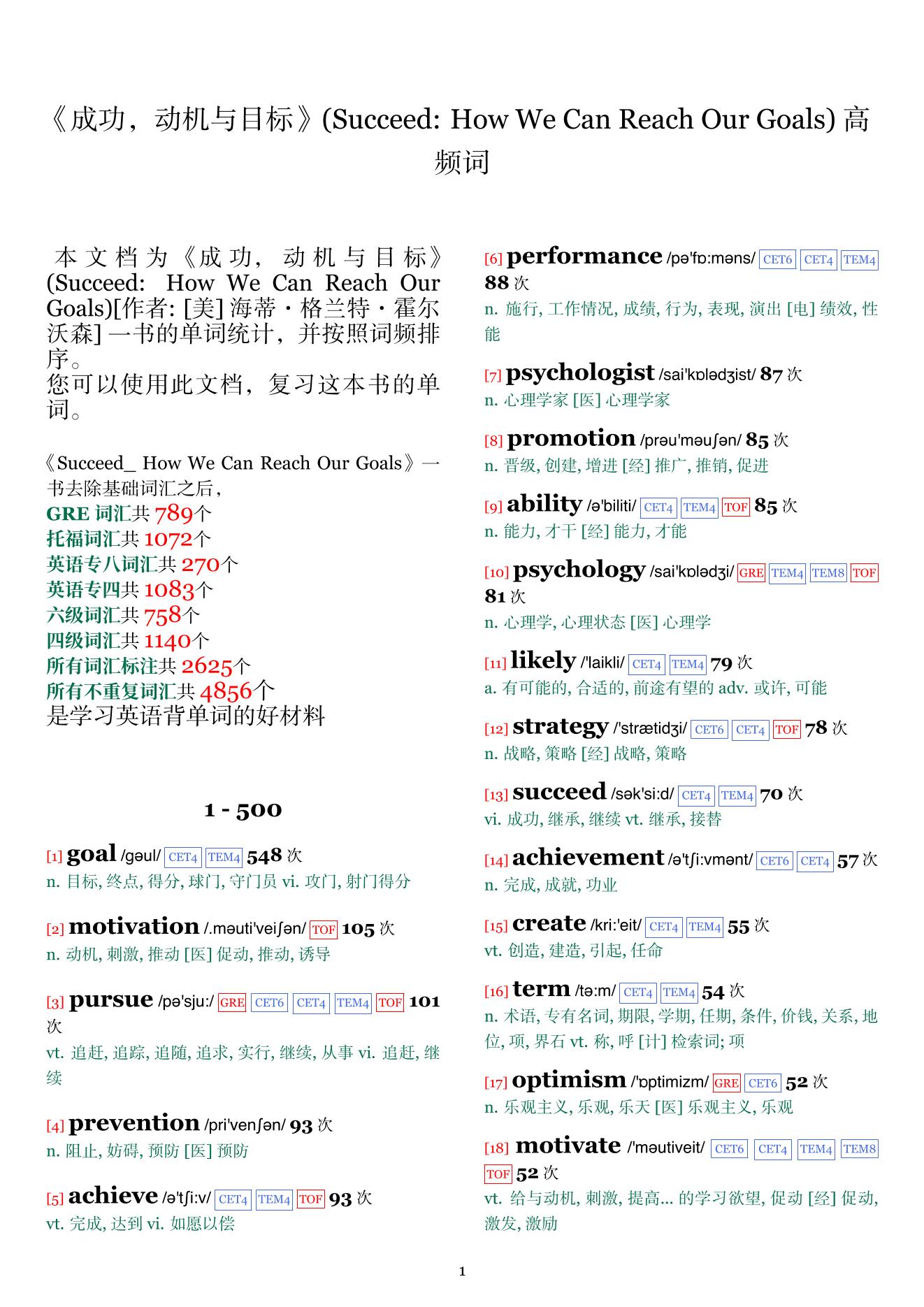 Succeed: How We Can Reach Our Goals词频统计