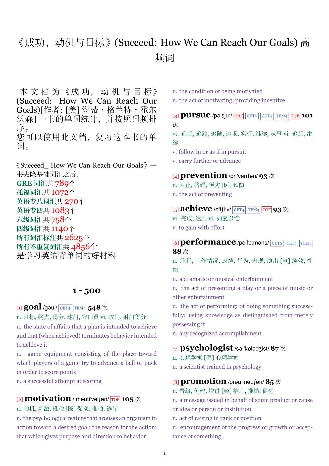 Succeed: How We Can Reach Our Goals词频统计