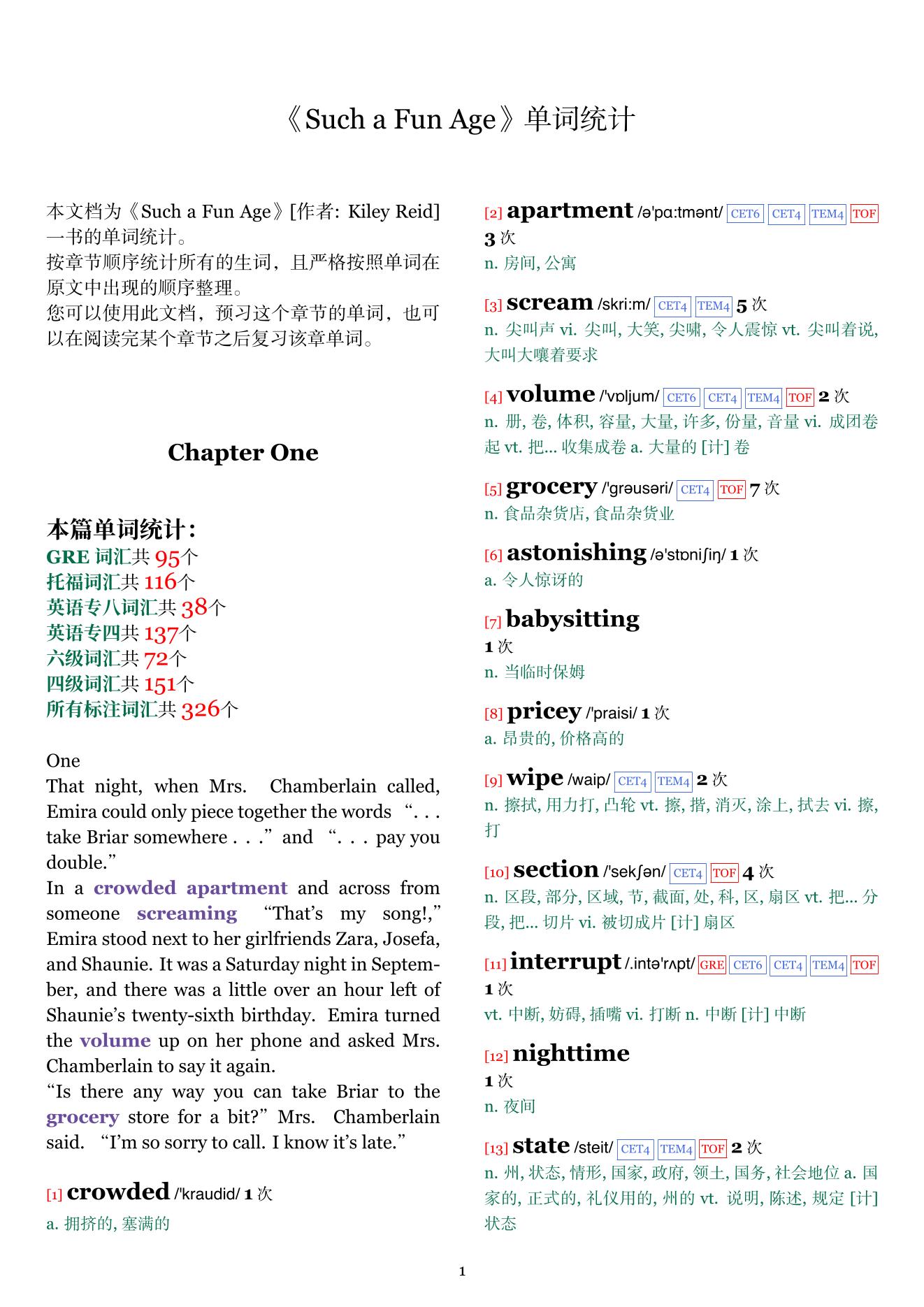 Such a Fun Age章节单词统计