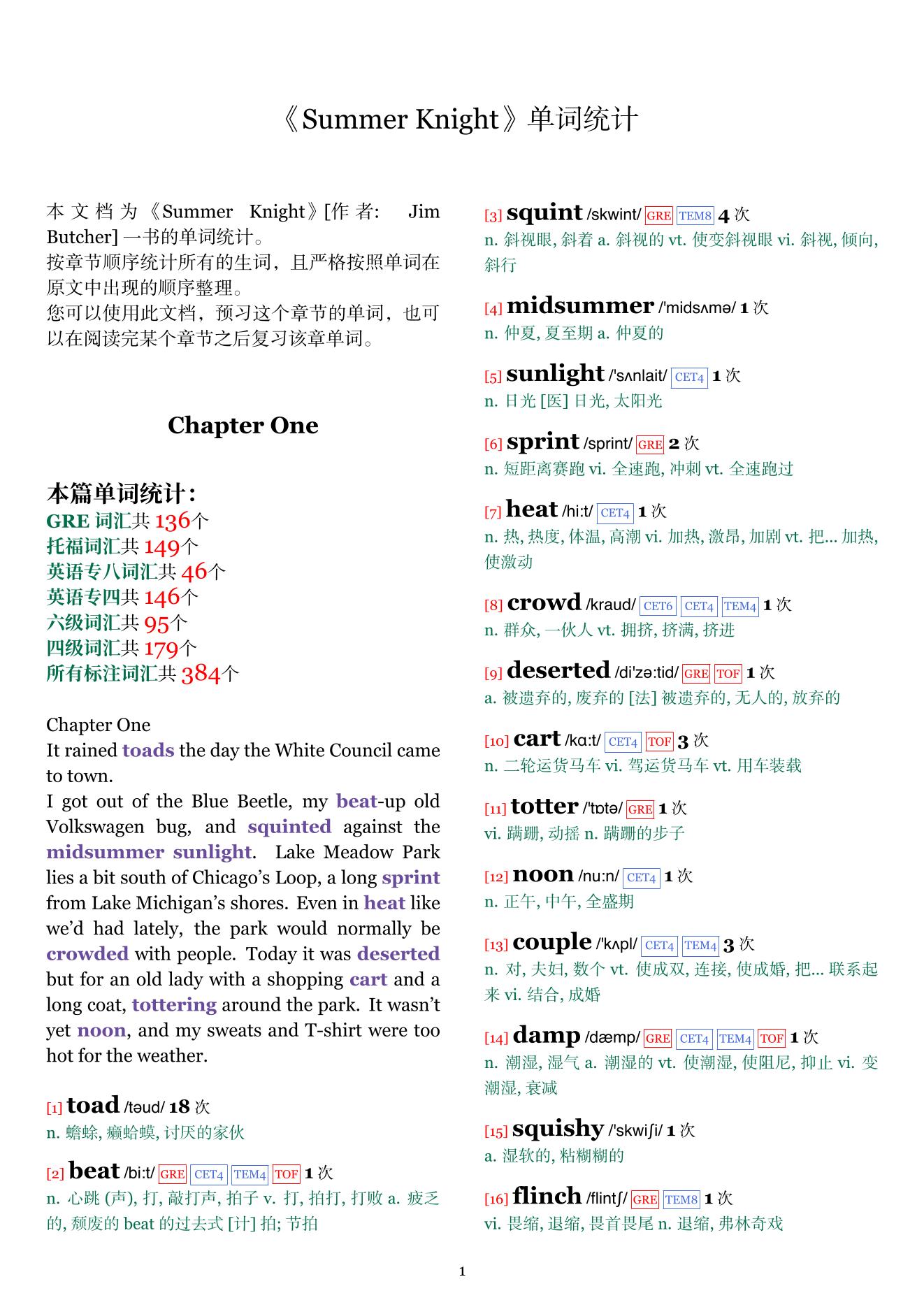 Summer Knight章节单词统计